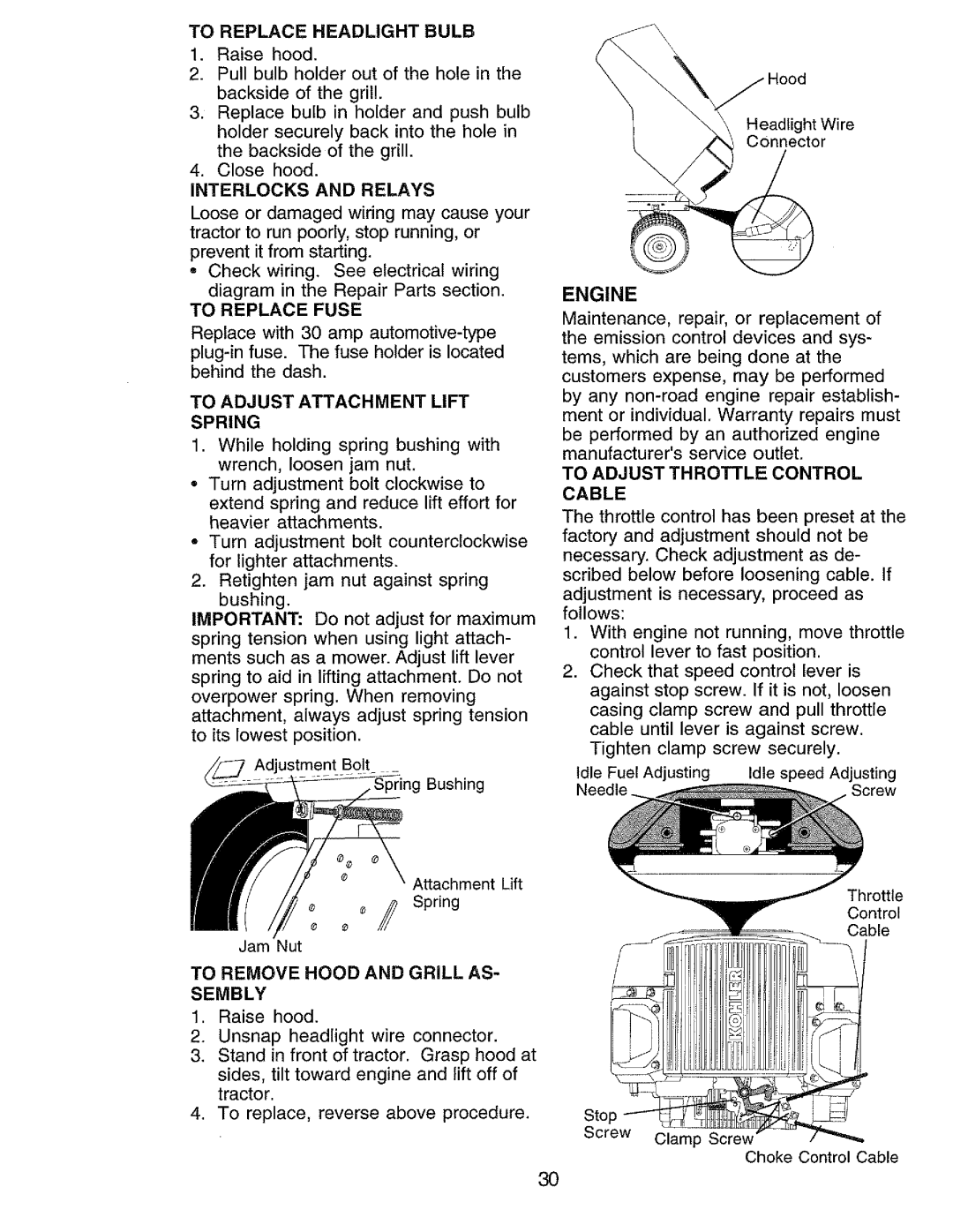 Craftsman 917.273062 To Replace Headlight Bulb, To Adjust Attachment Lift Spring, To Remove Hood and Grill AS Sembly 