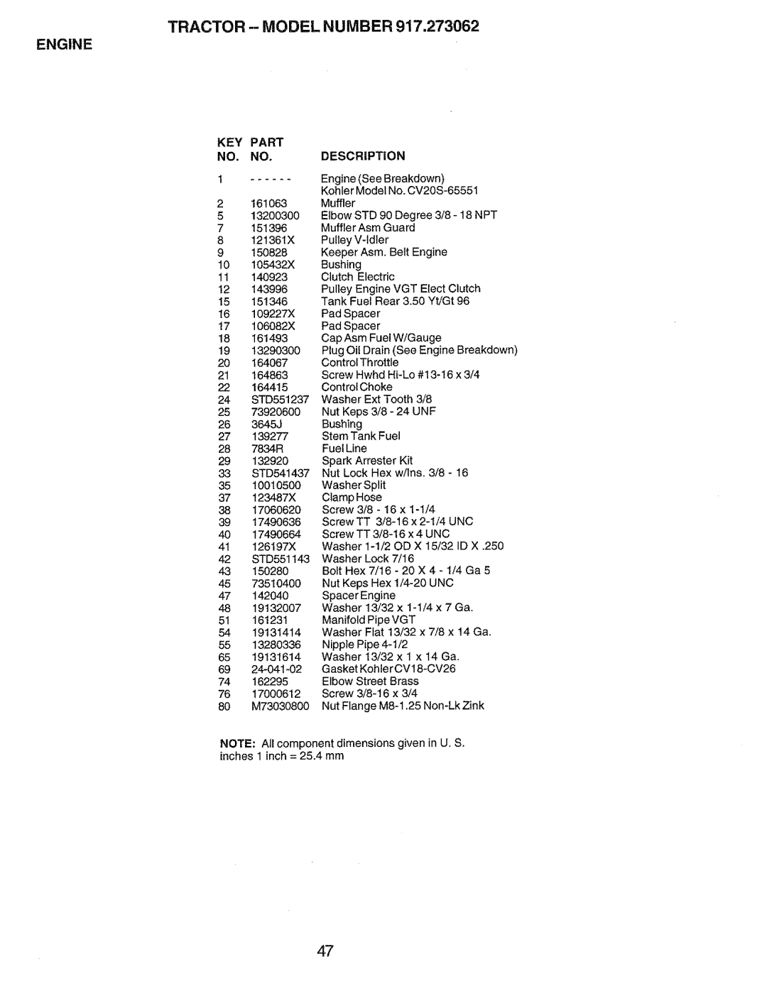 Craftsman 917.273062 owner manual Engine, KEY Part 