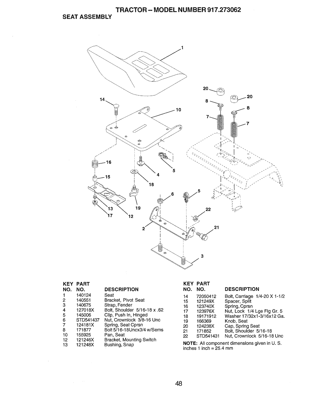 Craftsman 917.273062 owner manual Tractor --MODEL Number Seat Assembly, KEY Part NO. NO. Description 