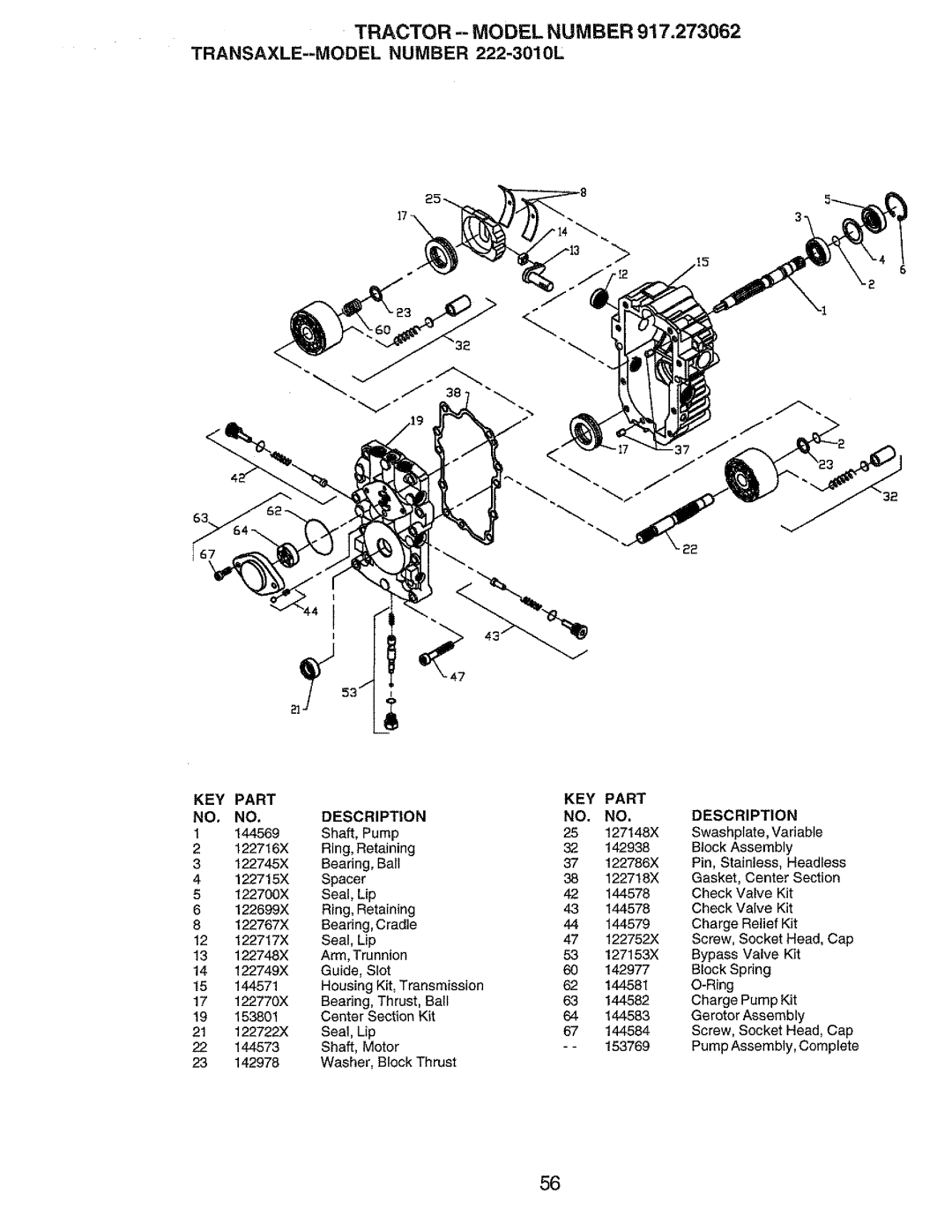 Craftsman 917.273062 owner manual Shaft Pump 127148X Swashplate 