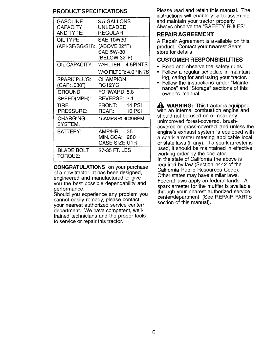 Craftsman 917.273062 owner manual Repair Agreement, Customer Responsibilities, Product Specifications 