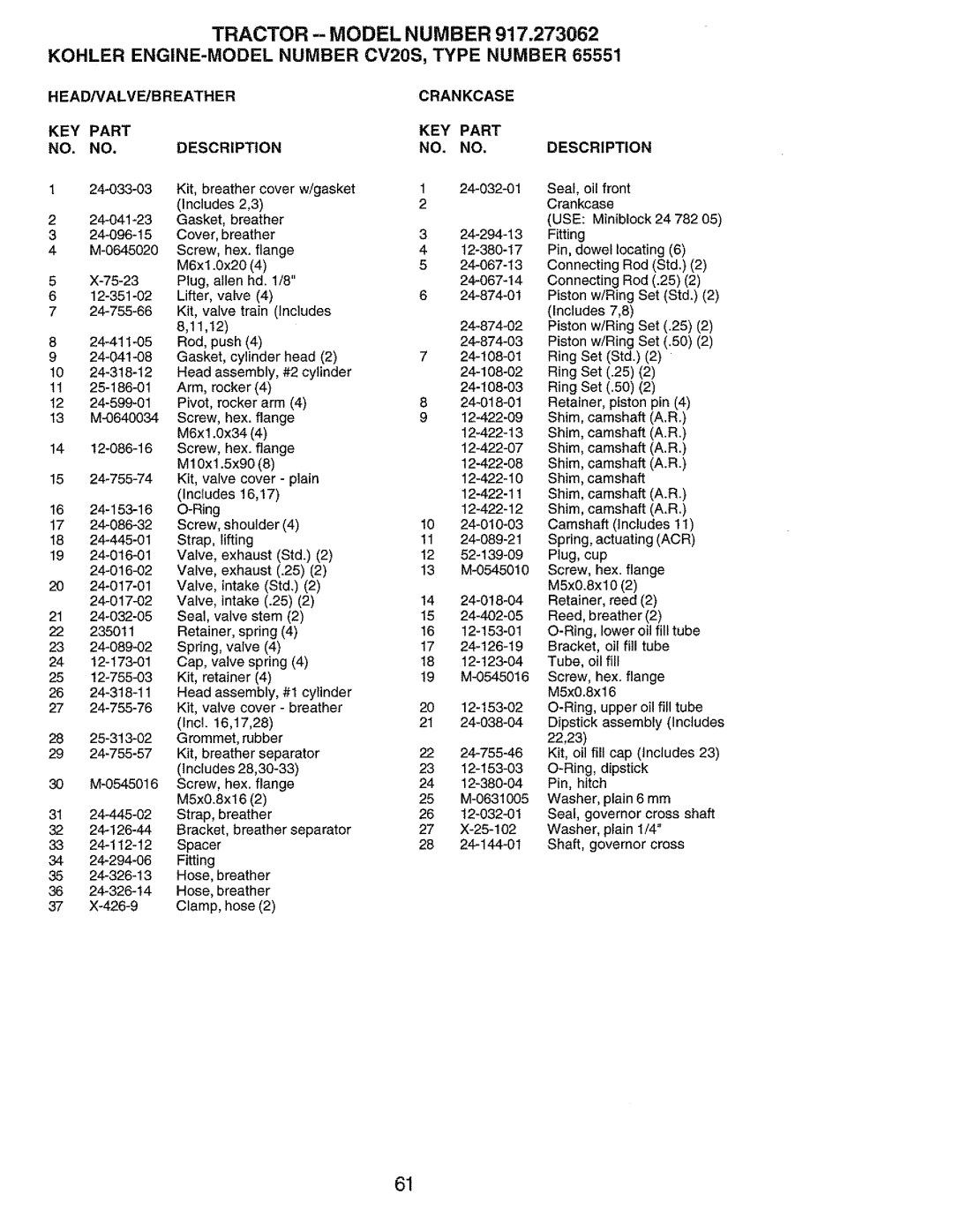 Craftsman 917.273062 owner manual HEAD/VALVE/BREATHER Crankcase KEY Part 