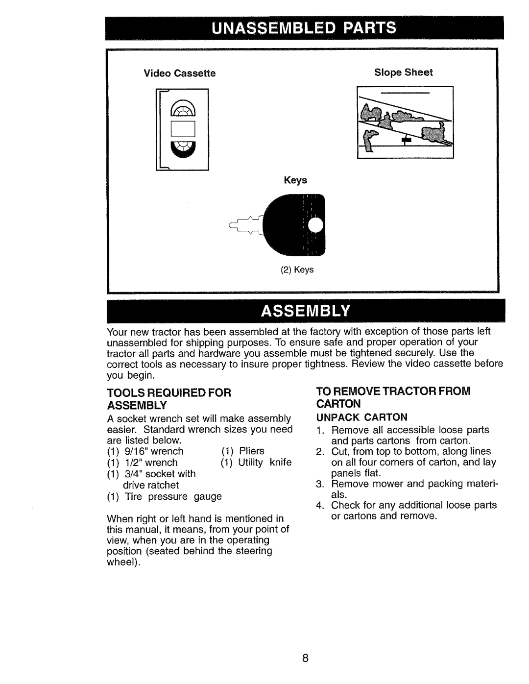 Craftsman 917.273062 owner manual To Remove Tractor from, Tools Required for Assembly, Unpack Carton 