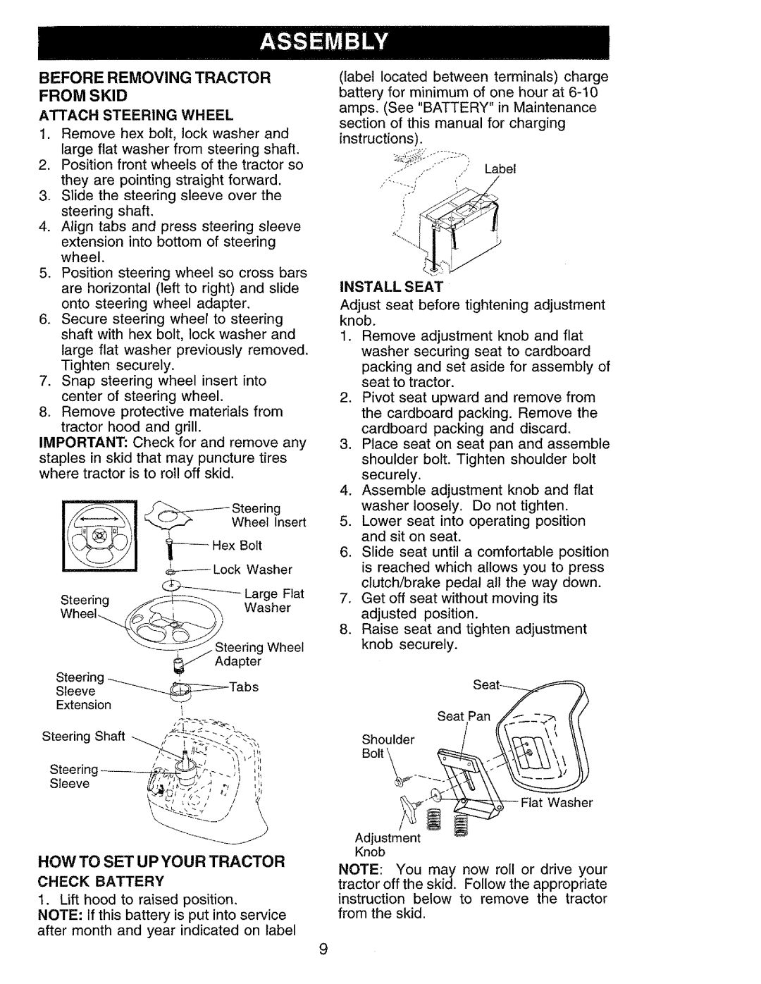 Craftsman 917.273062 Before Removing Tractor from Skid, HOW to SET UP Your Tractor, Attach Steering Wheel, Check Battery 