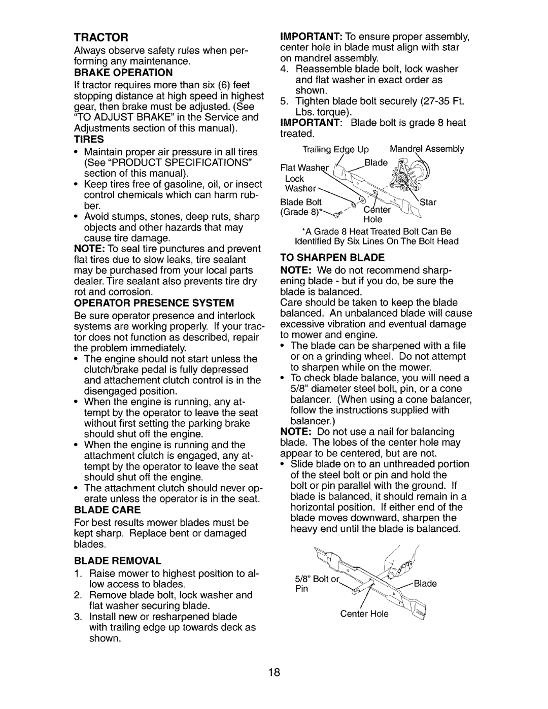 Craftsman 917.273134 owner manual Tractor, Operator Presence System, Blade Removal, To Sharpen Blade 