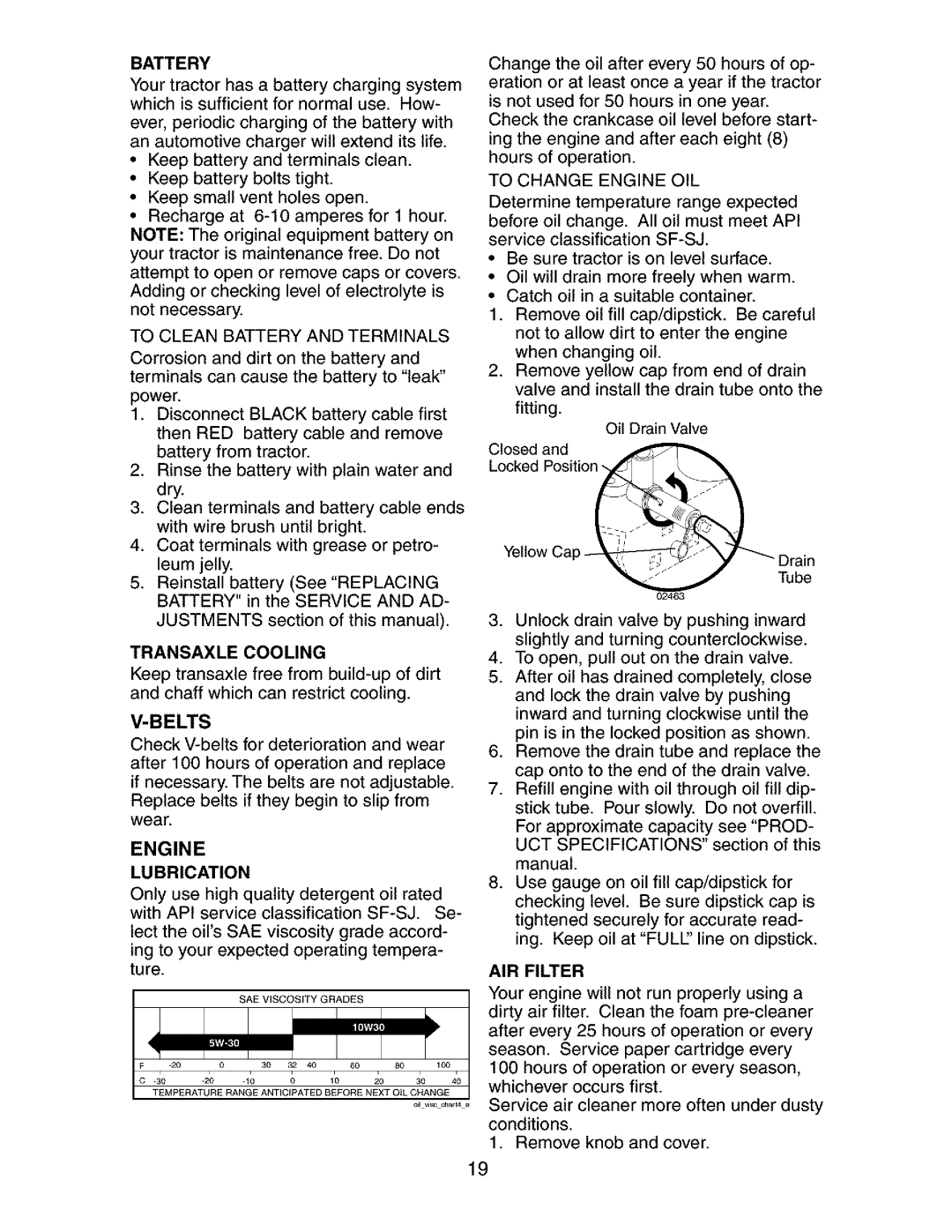 Craftsman 917.273134 owner manual Engine, Battery, Transaxle Cooling, Lubrication, AIR Filter 