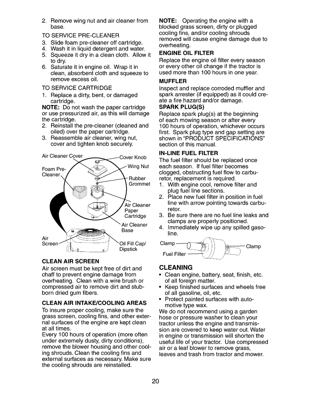 Craftsman 917.273134 owner manual To Service PRE-CLEANER, Engine OIL Filter, Spark Plugs, IN-LINE Fuel Filter, Cleaning 