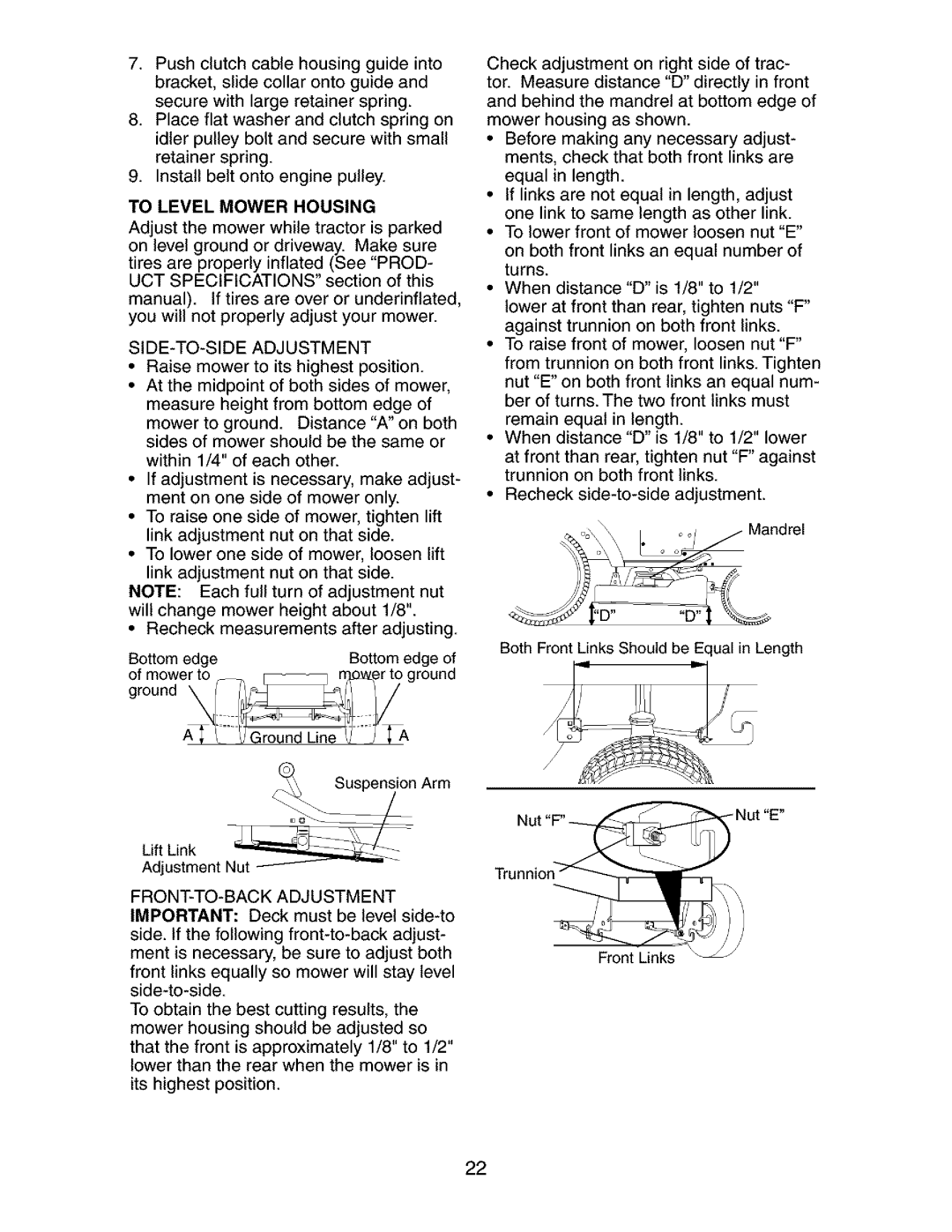 Craftsman 917.273134 owner manual To Level Mower Housing, SIDE-TO-SIDE Adjustment 