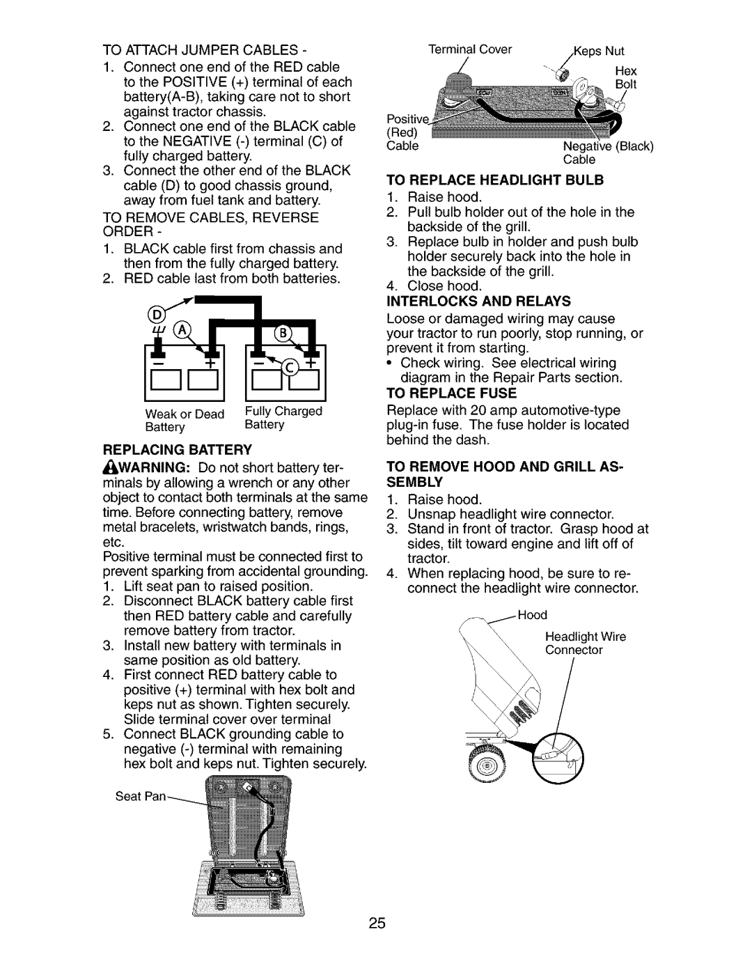 Craftsman 917.273134 owner manual Replacing Battery, To Remove Hood and Grill AS- Sembly 