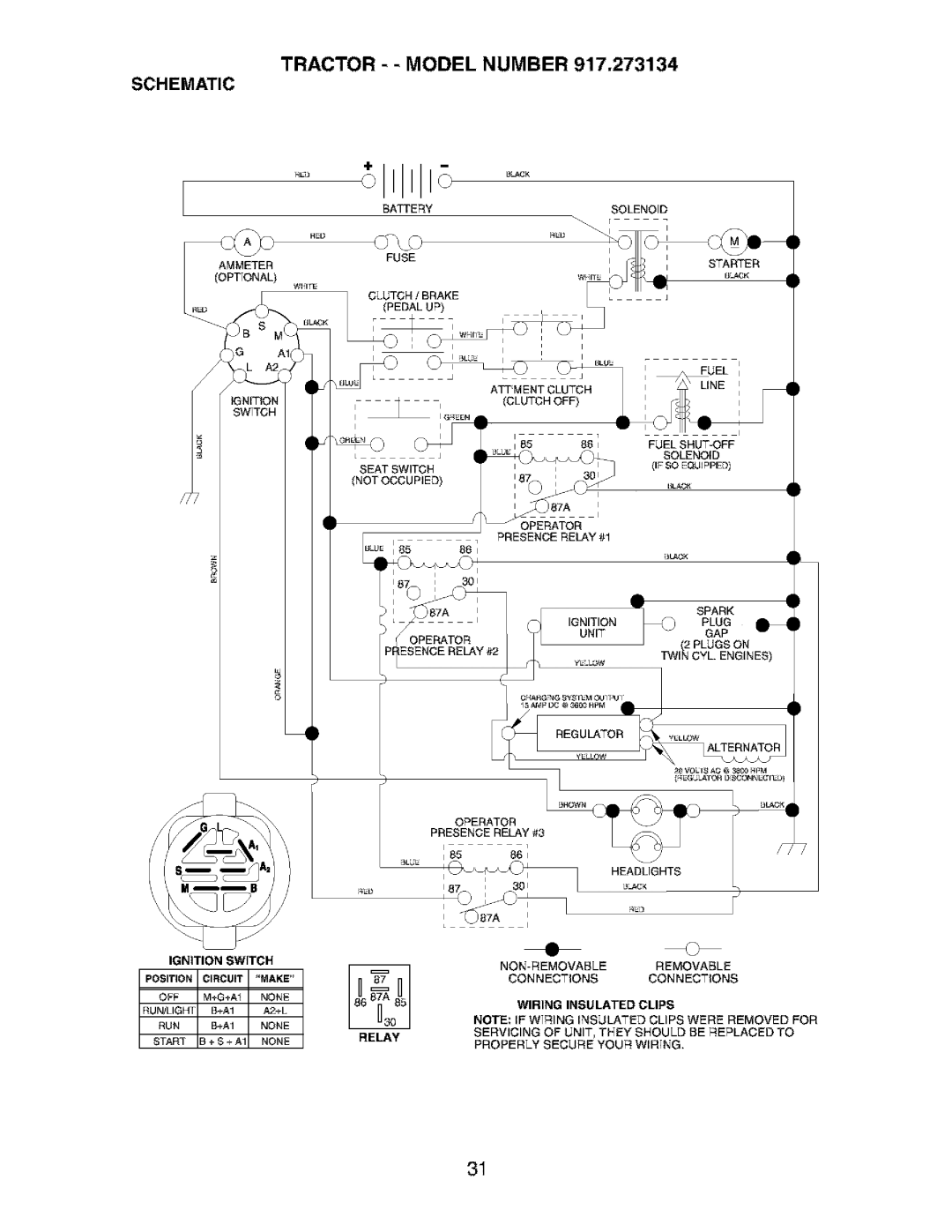 Craftsman 917.273134 owner manual Tractor - Model Number 917,273134 Schematic, Ignition Switch 