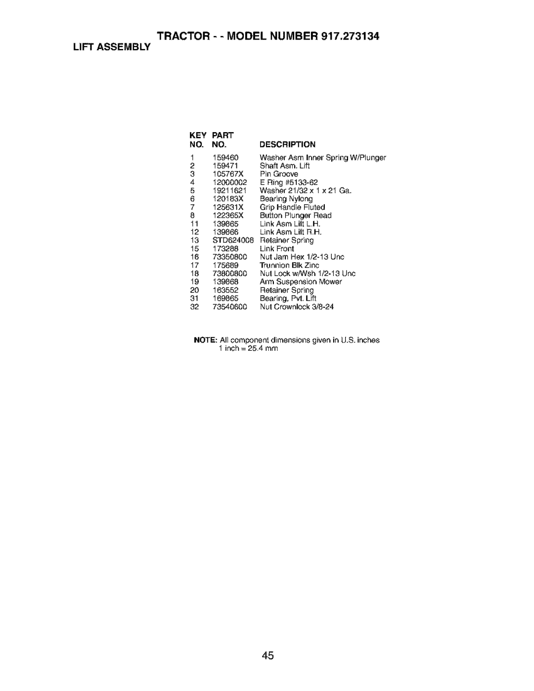 Craftsman 917.273134 owner manual KEY Part NO. NO.DESCRIPTION 