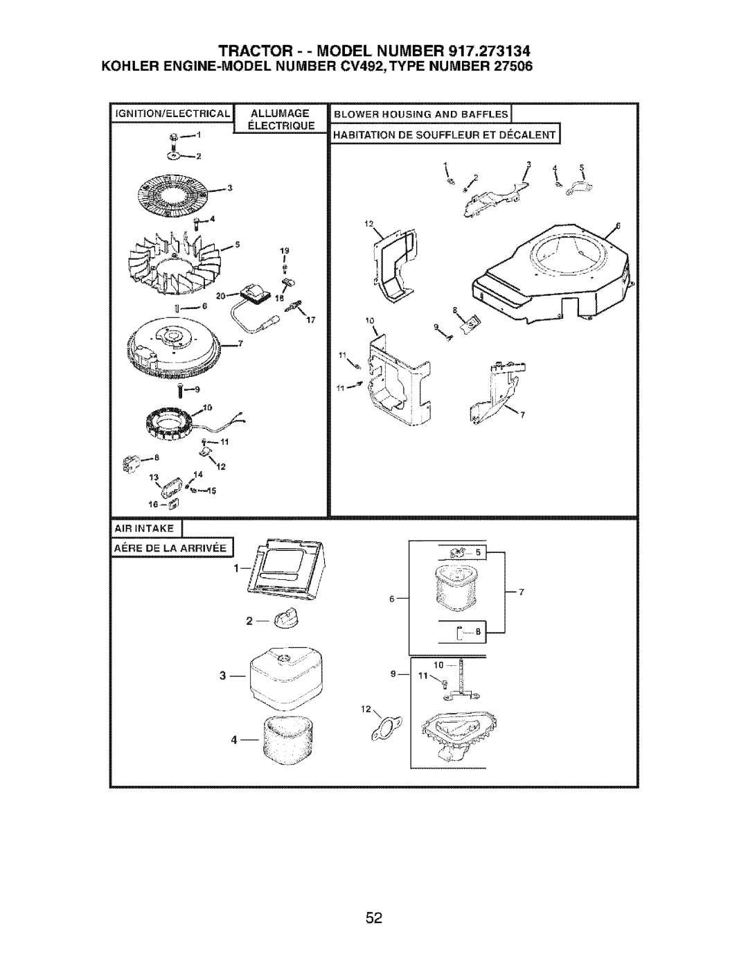 Craftsman 917.273134 owner manual IGNITION/ELECTRICAL t Ealluiviagelectriqu E 