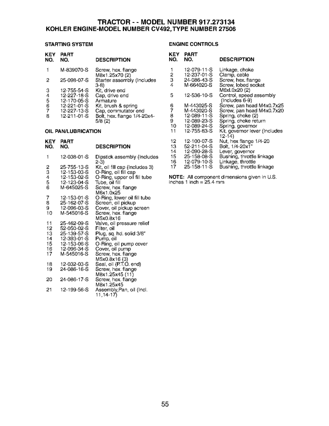 Craftsman 917.273134 Starting System KEY Part Description, OIL PAN/LUBRICATION Enginecontrols KEY Part Description 