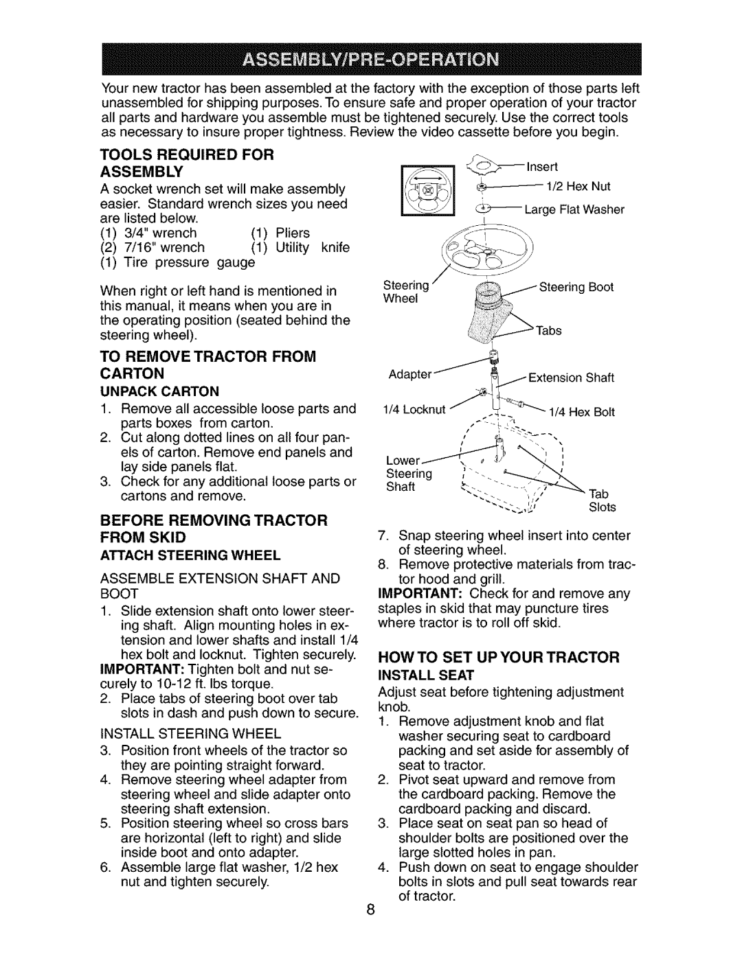 Craftsman 917.273134 owner manual Howto SET UP Your Tractor 