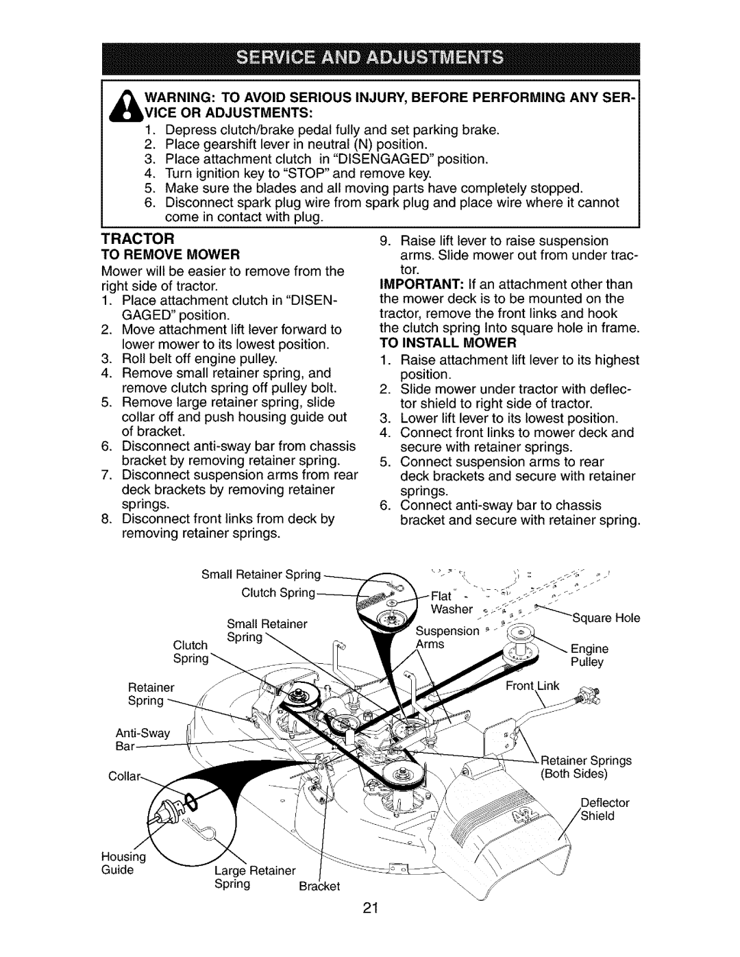Craftsman 917.273134 owner manual Tractor To Remove Mower, To Install Mower 