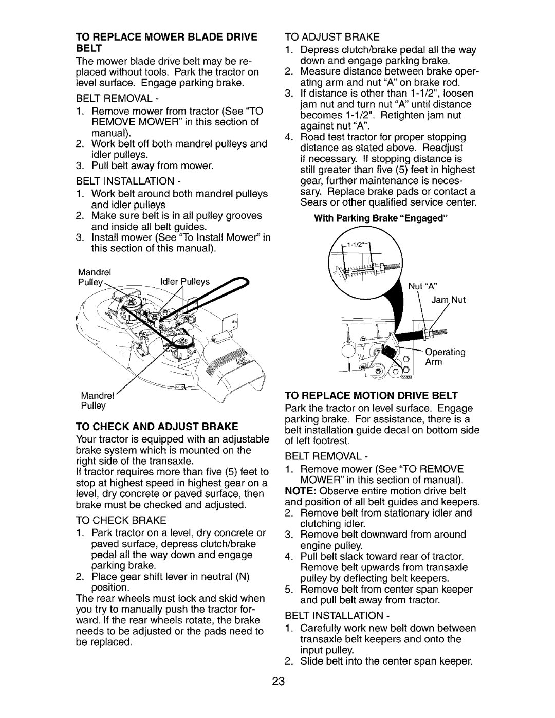 Craftsman 917.273134 owner manual To Check And Adjust Brake, To Replace Motion Drive Belt 