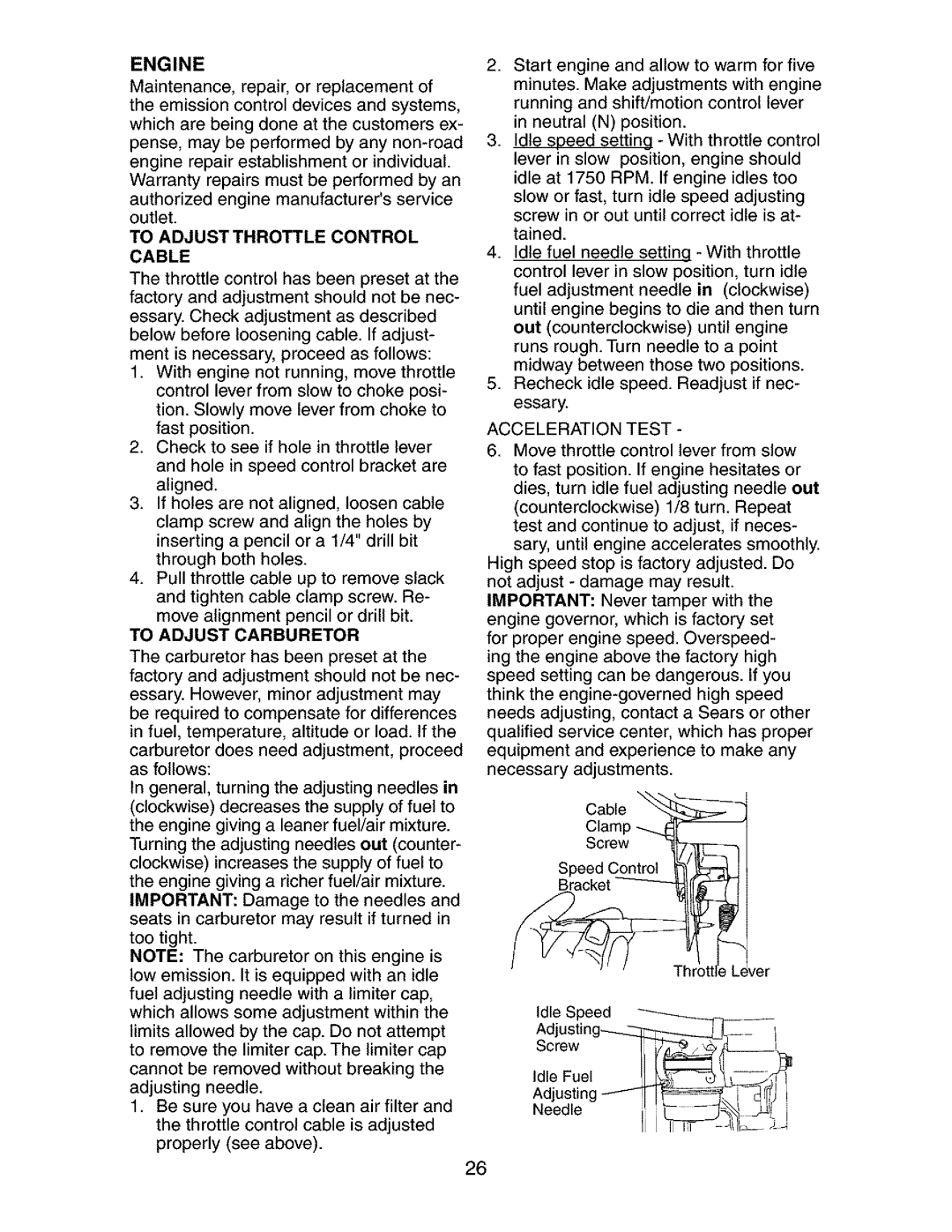 Craftsman 917.273134 owner manual Adjusting--IT= =- f j, screwII ,d,eFoe,II, Engine, To Adjustthrottle Control Cable 