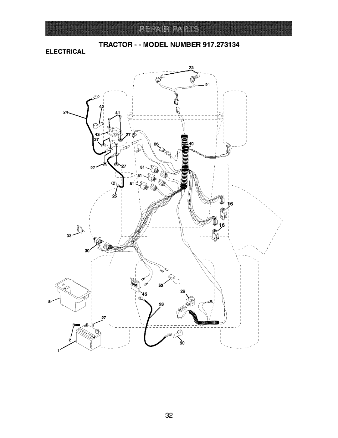 Craftsman 917.273134 owner manual TRACTOR - - MODEL NUMBER 917,273134 ELECTRICAL, 22 41 26 25 