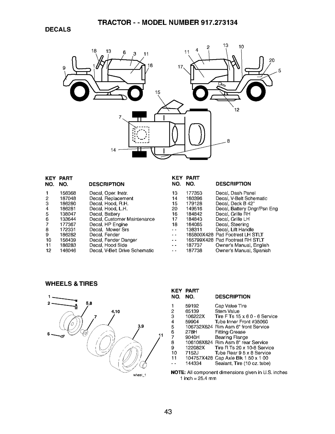 Craftsman 917.273134 owner manual TRACTOR - - MODEL NUMBER 917,273134 DECALS, Wheels & Tires 