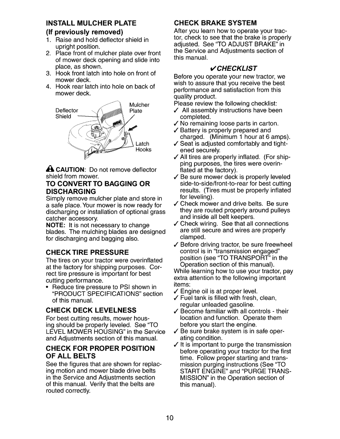 Craftsman 917.27316 owner manual Install Mulcher Plate, Check Tire Pressure, Check Deck Levelness, Check Brake System 