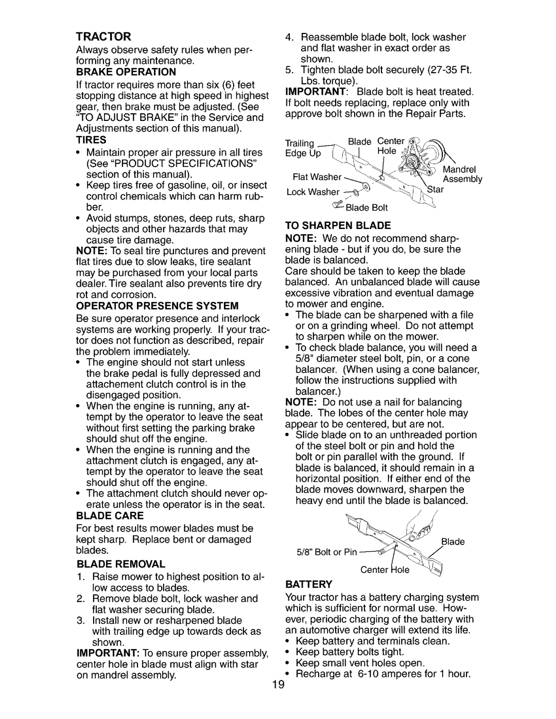 Craftsman 917.27316 owner manual Tractor, Operator Presence System, Blade Removal, To Sharpen Blade, Battery 