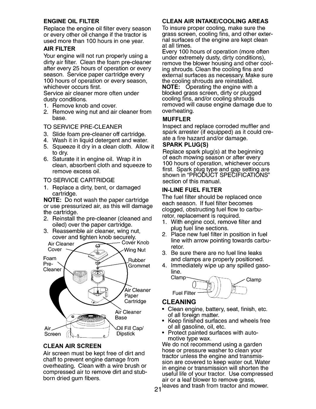 Craftsman 917.27316 owner manual Clean AIR INTAKE/COOLING Areas, Muffler, Clean AIR Screen, IN-LINE Fuel Filter, Cleaning 