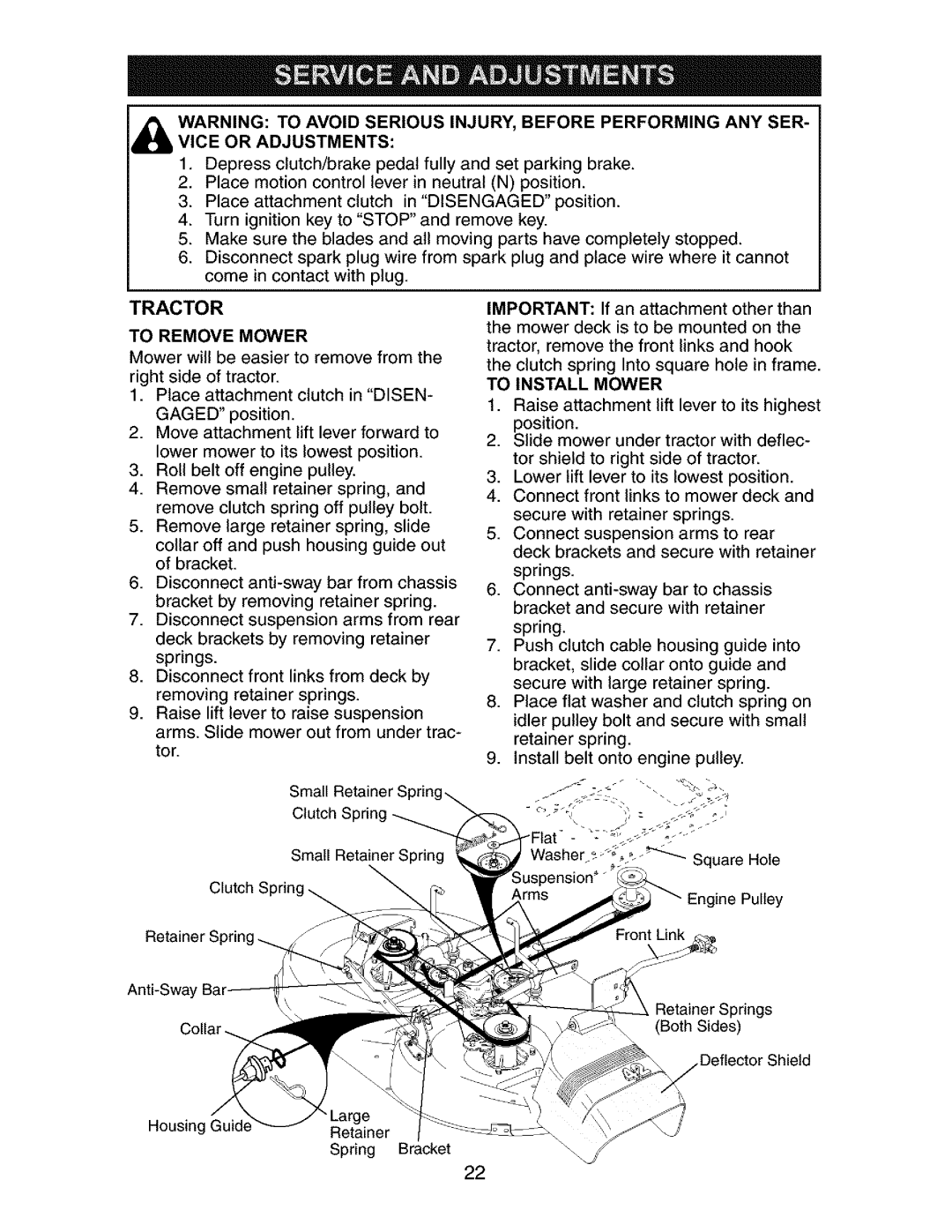 Craftsman 917.27316 owner manual To Remove Mower, To Install Mower 