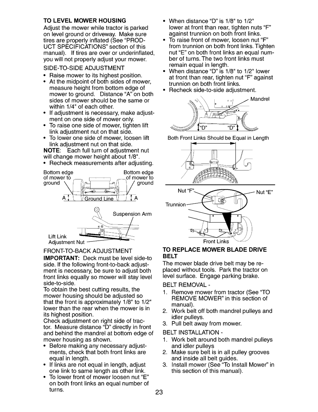 Craftsman 917.27316 owner manual To Level Mower Housing, Belt Removal, Belt Installation, To Replace Mower Blade Drive Belt 