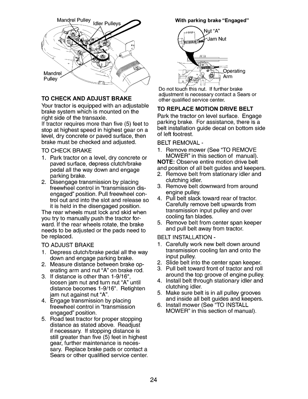 Craftsman 917.27316 owner manual To Check and Adjust Brake, To Replace Motion Drive Belt 