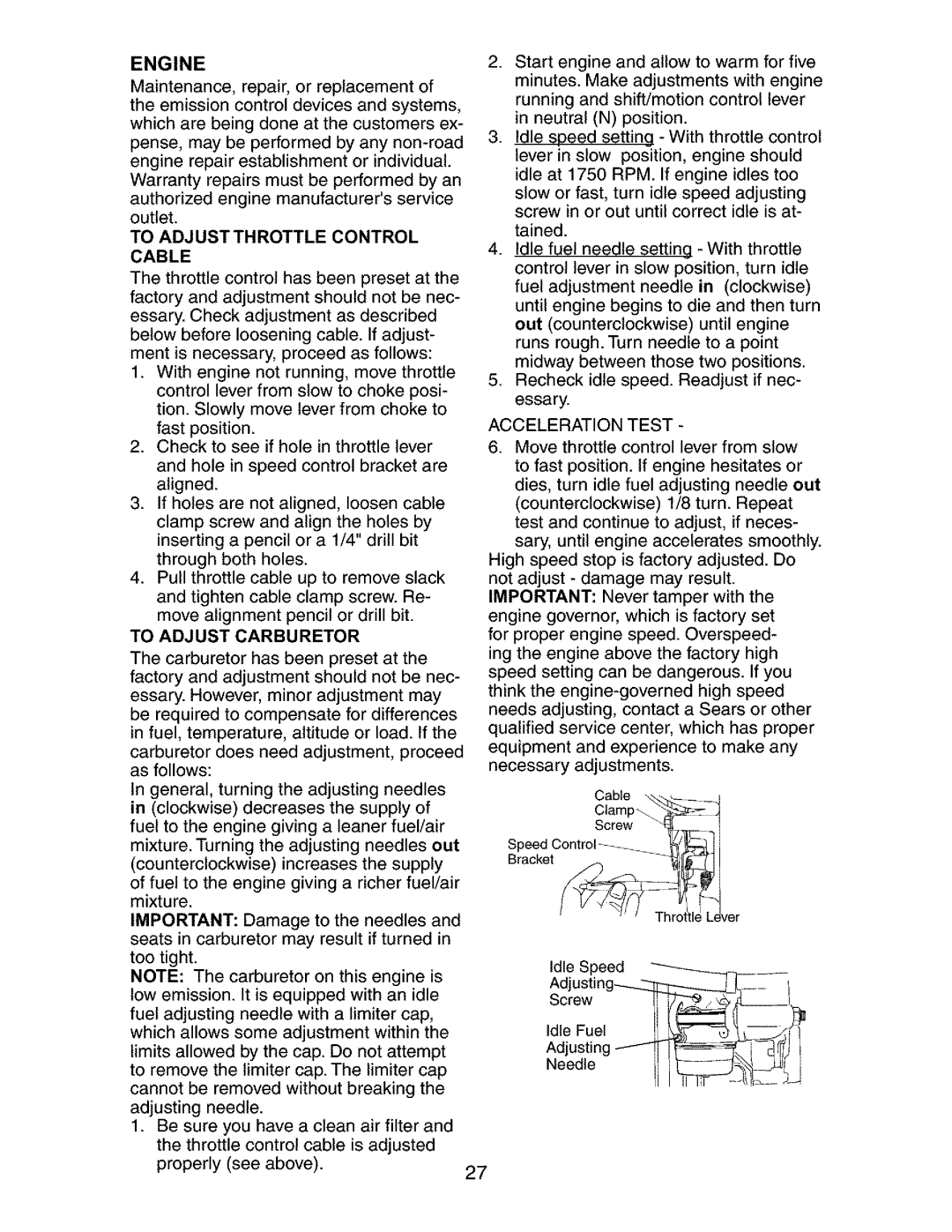 Craftsman 917.27316 owner manual To Adjustthrottle Control Cable, To Adjust Carburetor 