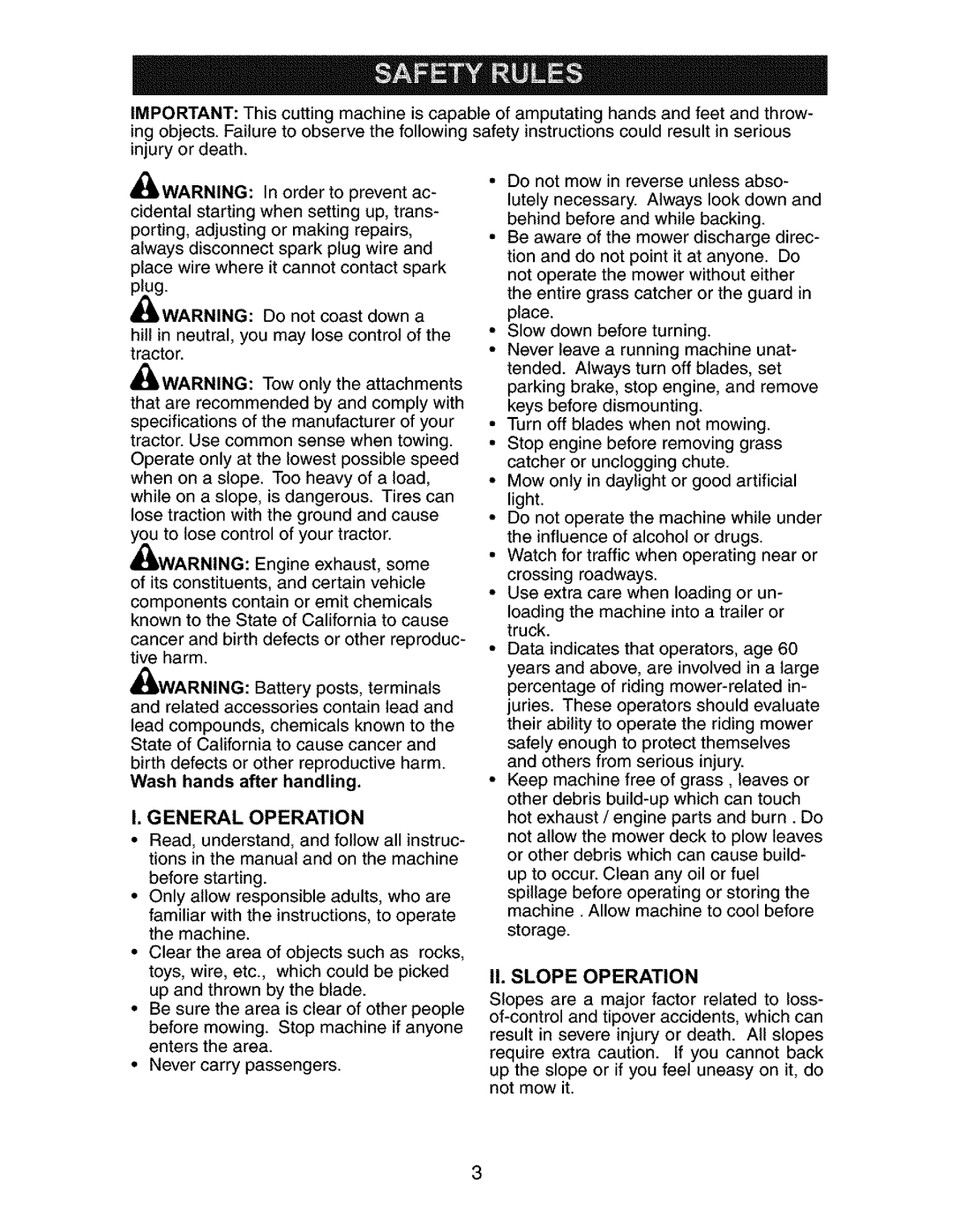 Craftsman 917.27316 owner manual General Operation, II. Slope Operation 