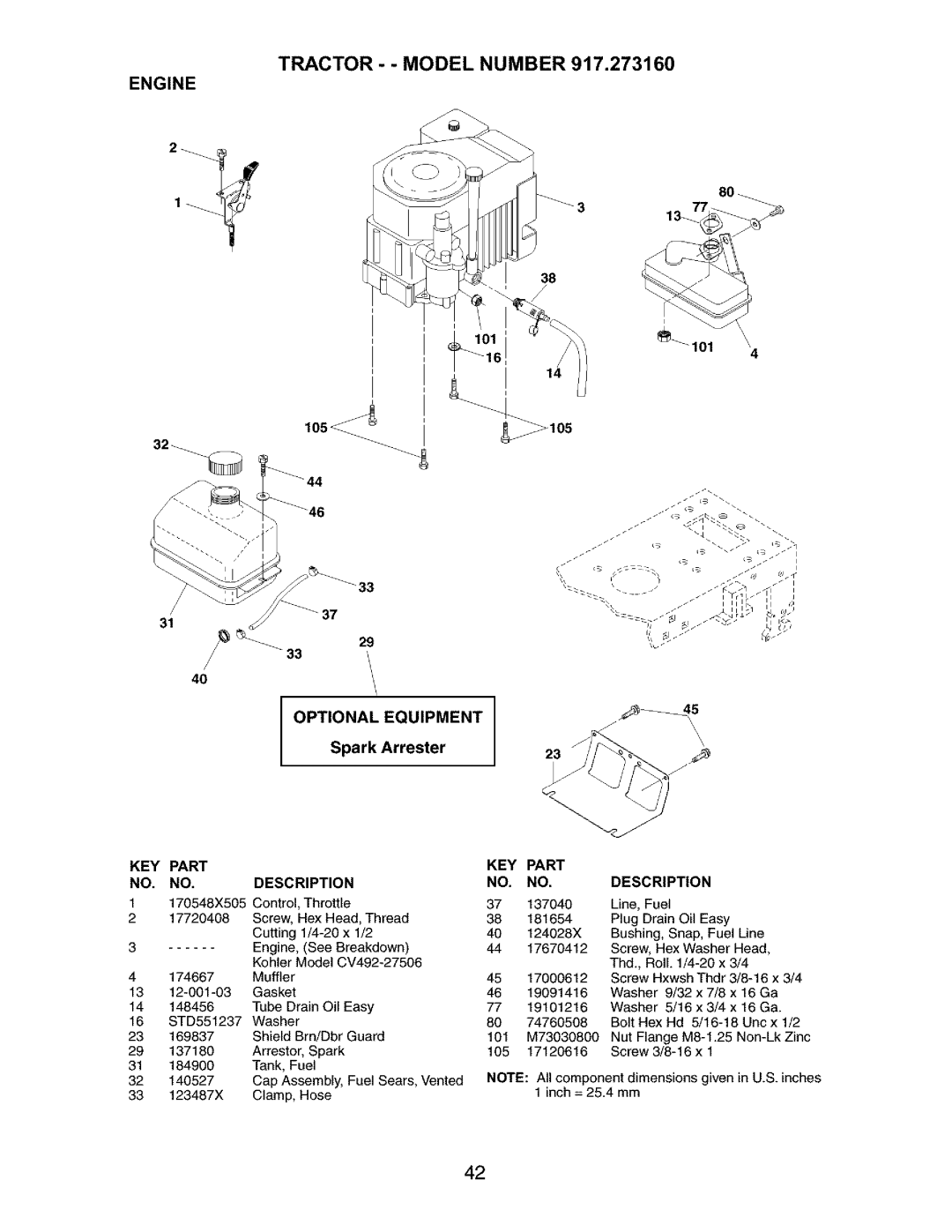 Craftsman 917.27316 owner manual Tractor - Model Number Engine, Optional Equipment, No. No.Description 