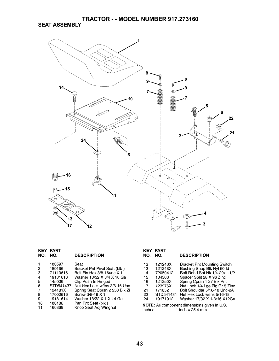 Craftsman 917.27316 owner manual Tractor - Model Number Seat Assembly, KEY Part Description 