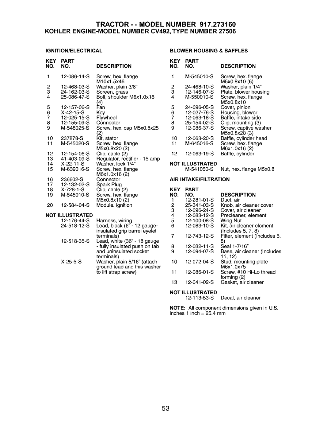 Craftsman 917.27316 owner manual Ignition/Electrical, Notillustrated, Blower Housing & Baffles 