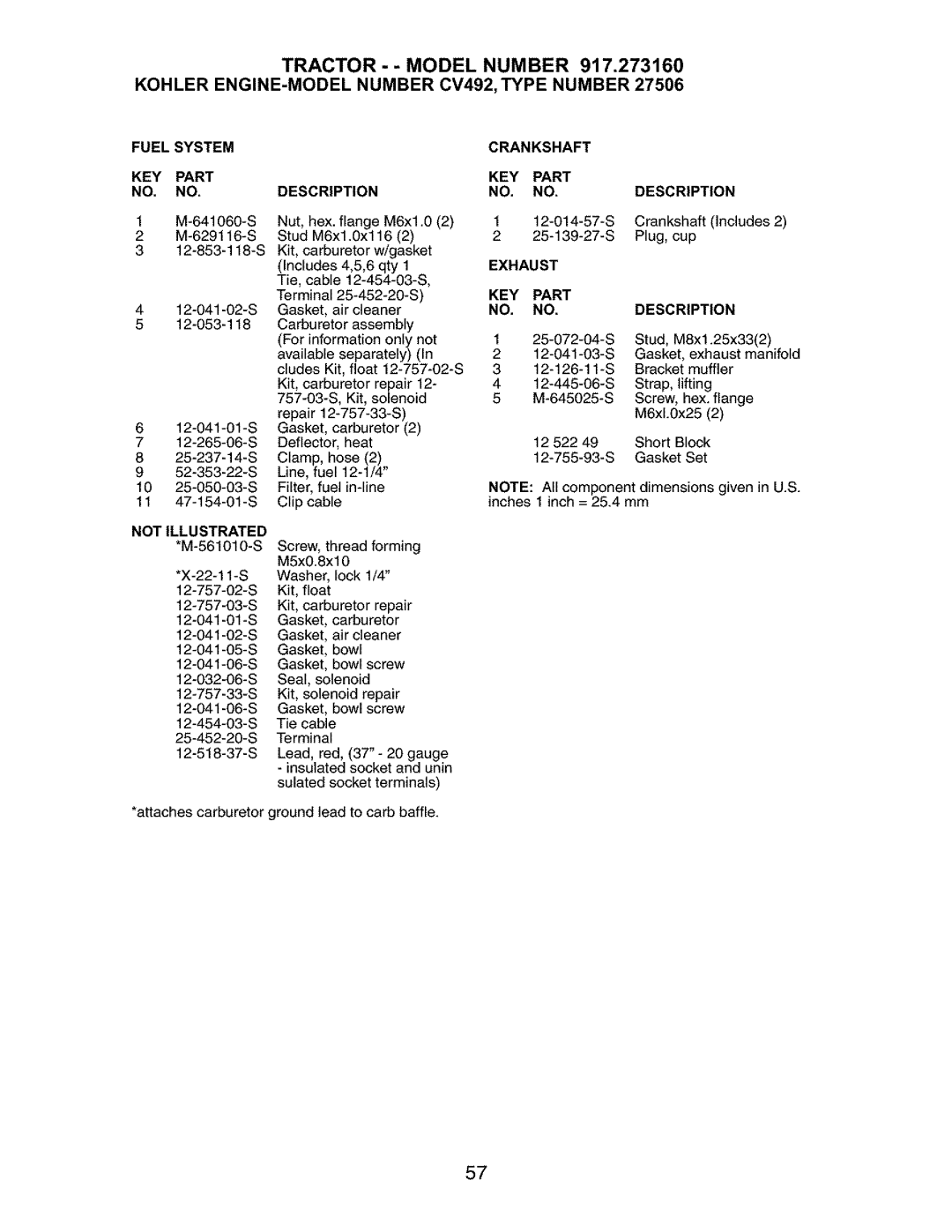 Craftsman 917.27316 owner manual Fuel System, Exhaust KEY Part Description 