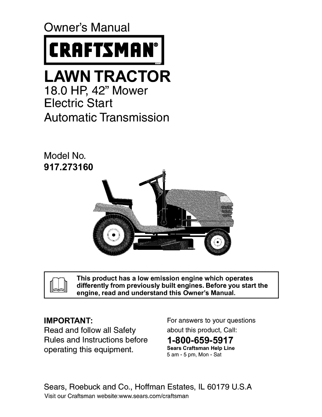 Craftsman 917.27316 owner manual 18.0HP, 42 Mower Electric Start, Model No, IC..FTSMeWl, Lawn Tractor, Owners Manual 