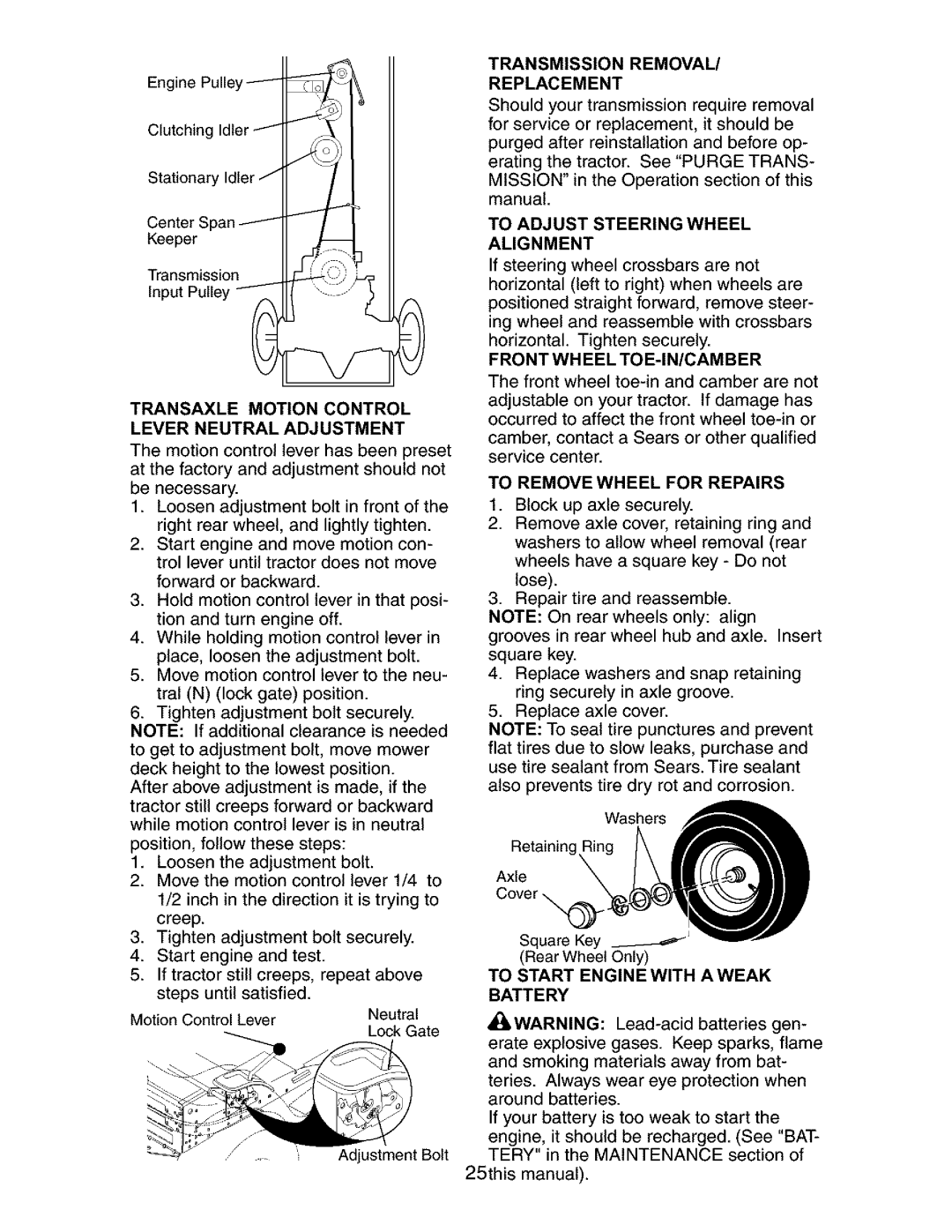 Craftsman 917.27316 owner manual Transmission Removal Replacement, To Adjust Steering Wheel Alignment 