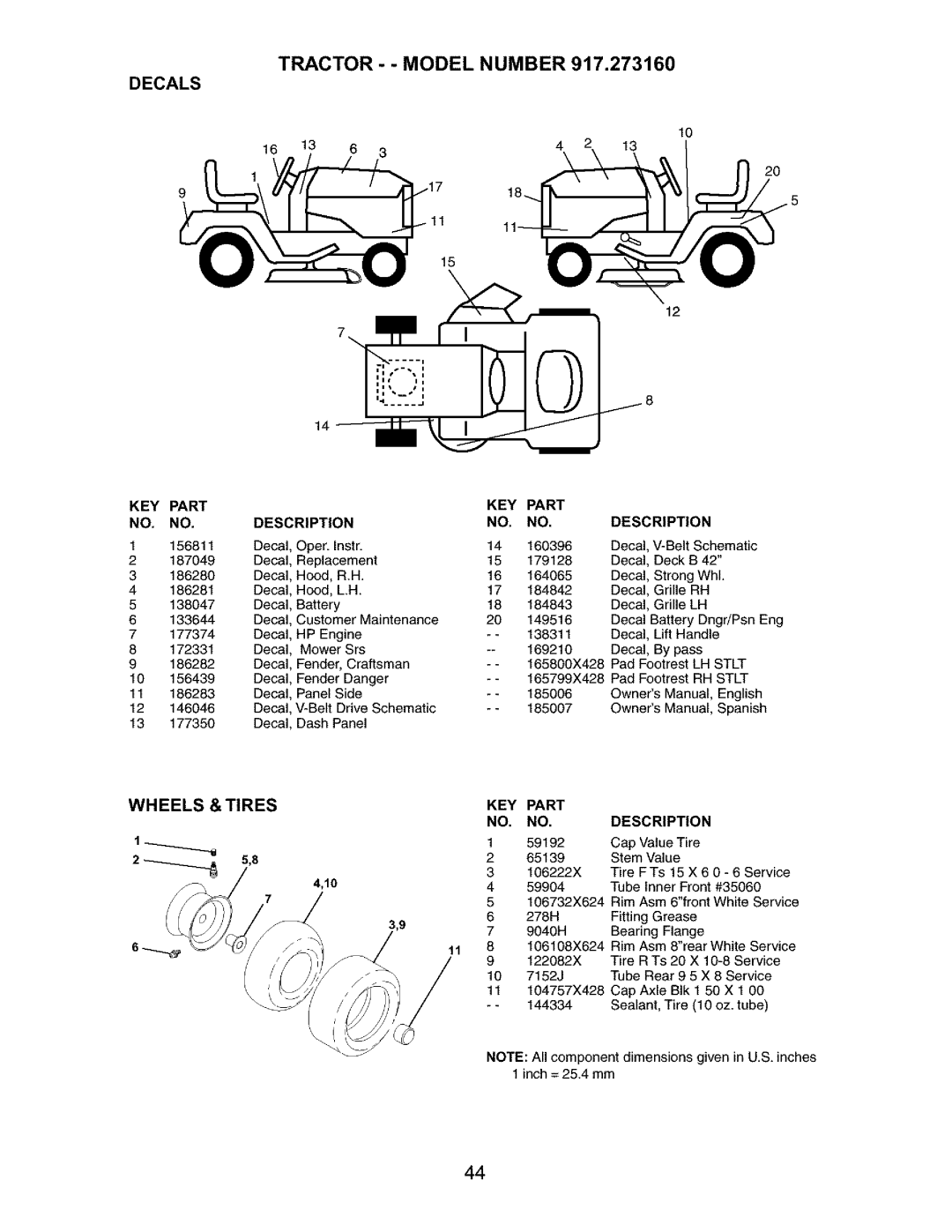 Craftsman 917.27316 owner manual Tractor - - Model Number Decals, Wheels, Tires, 278H 
