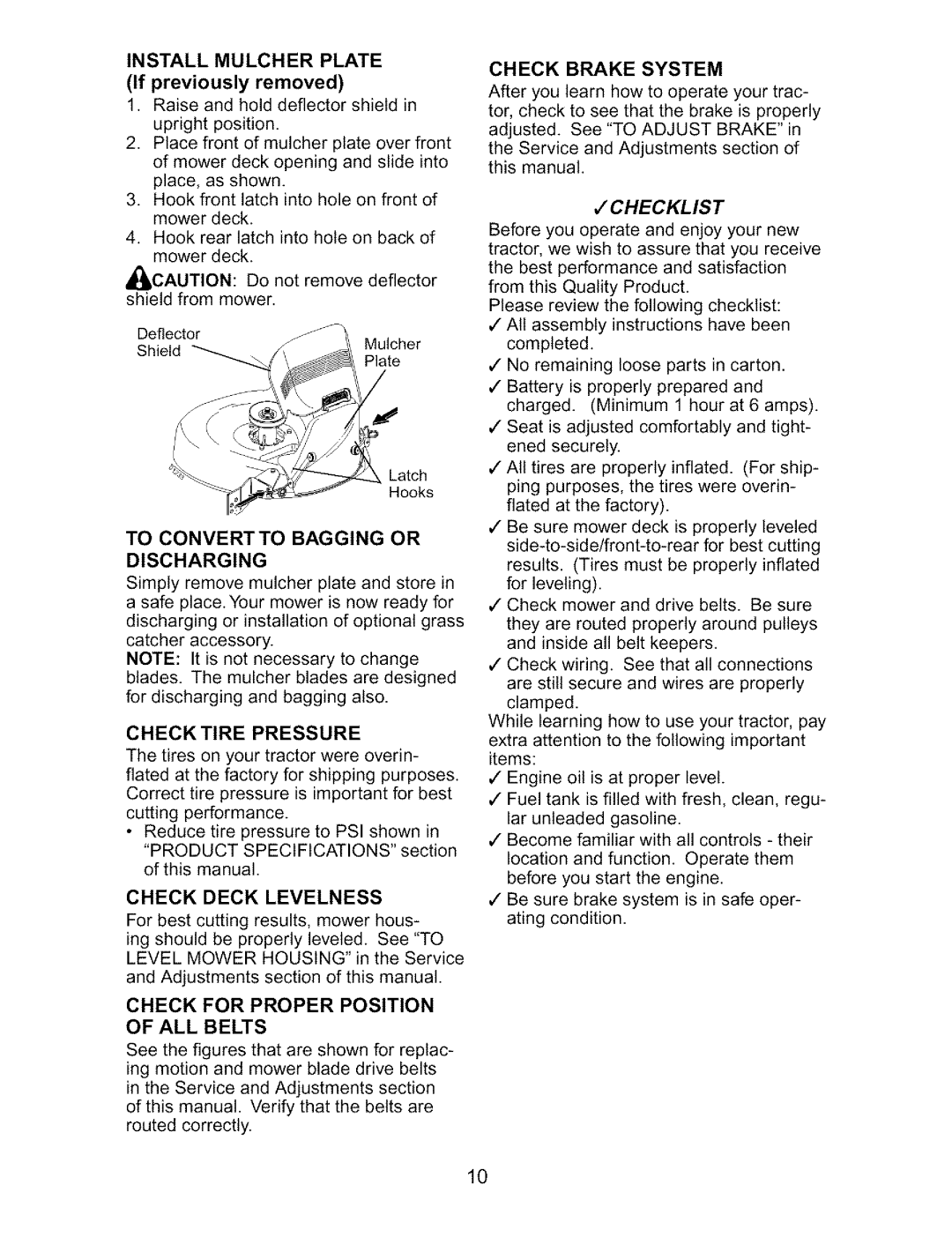 Craftsman 917.27317 Check for Proper Position of ALL Belts, Install Mulcher Plate, Discharging, Check Tire Pressure 