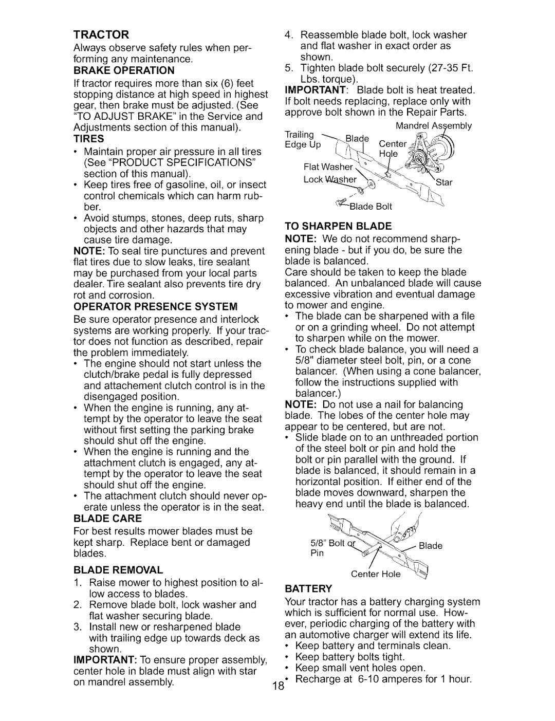 Craftsman 917.27317 owner manual Tractor, Brake Operation, To Sharpen Blade 