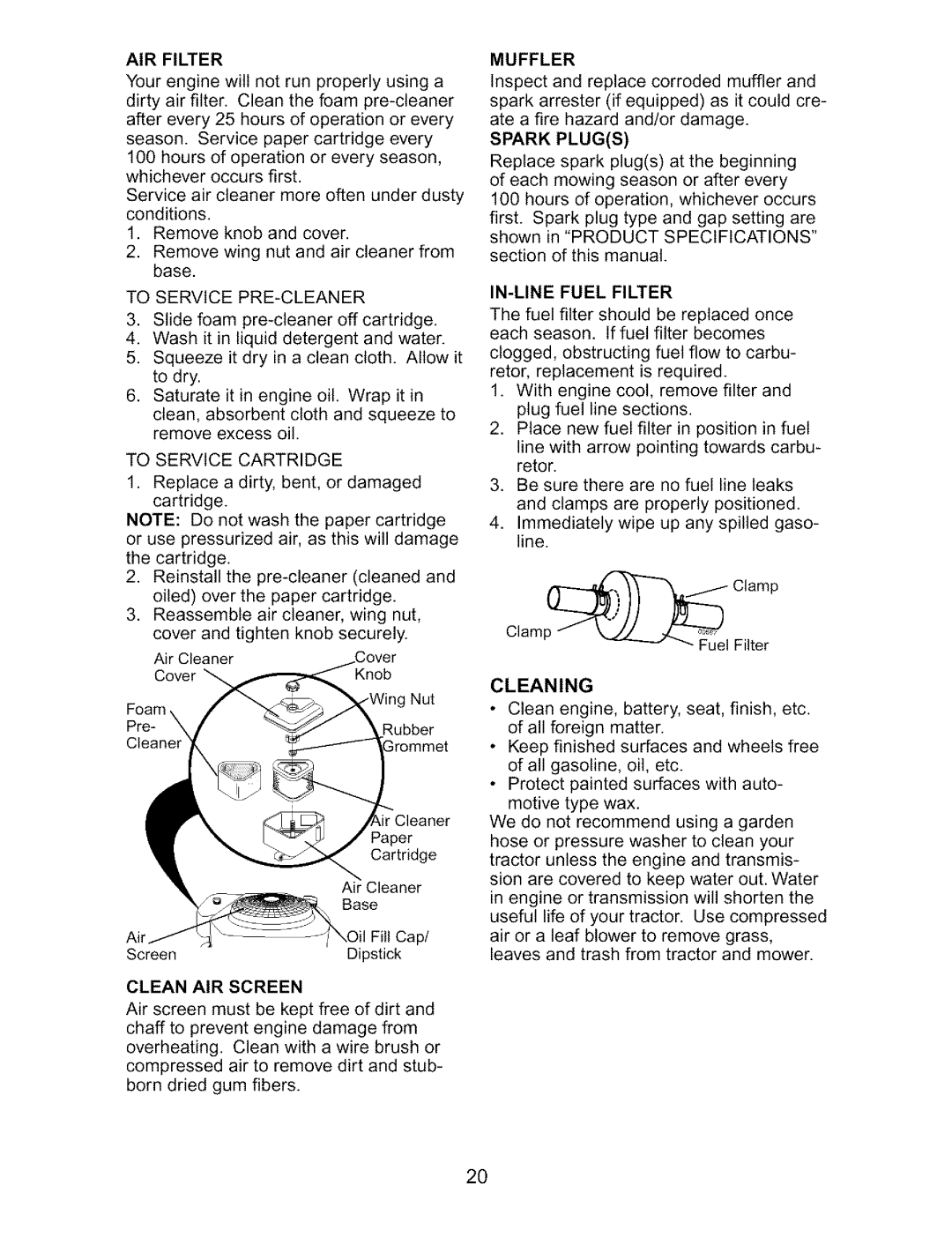 Craftsman 917.27317 owner manual Muffler, Spark Plugs, AIR Filter, Clean AIR Screen, IN-LINE Fuel Filter 