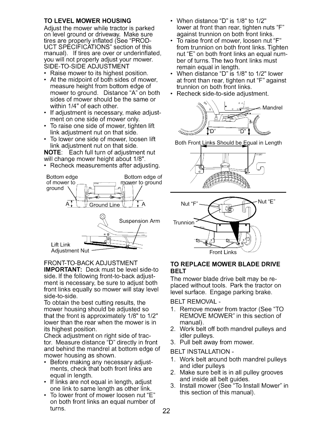 Craftsman 917.27317 owner manual Belt Removal, To Level Mower Housing, To Replace Mower Blade Drive Belt 