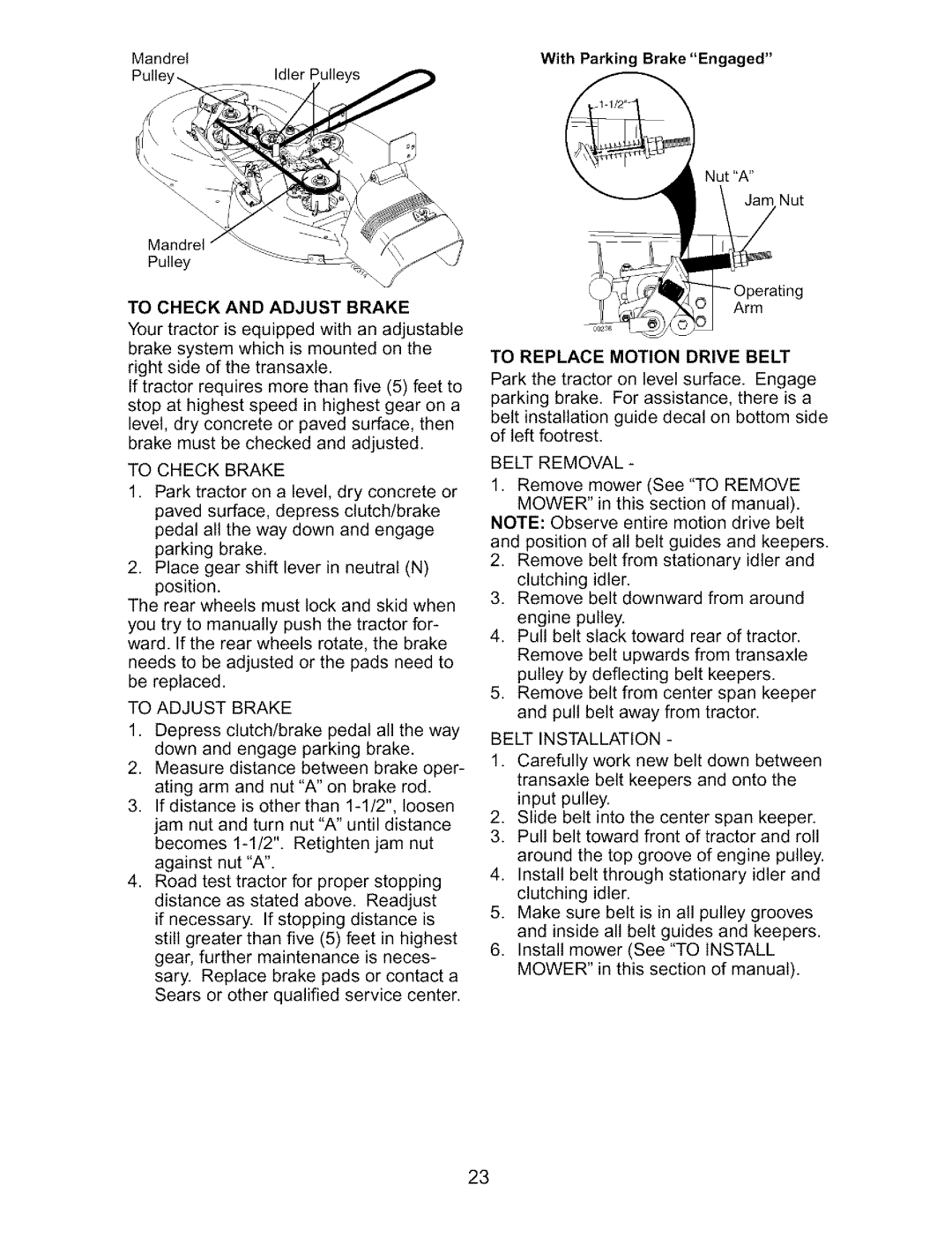 Craftsman 917.27317 To Check and Adjust Brake, To Check Brake, To Adjust Brake, To Replace Motion Drive Belt, Belt Removal 