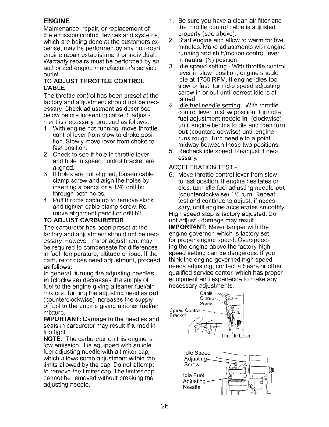 Craftsman 917.27317 owner manual Engine, To Adjust Throttle Control Cable, To Adjust Carburetor, Acceleration Test 