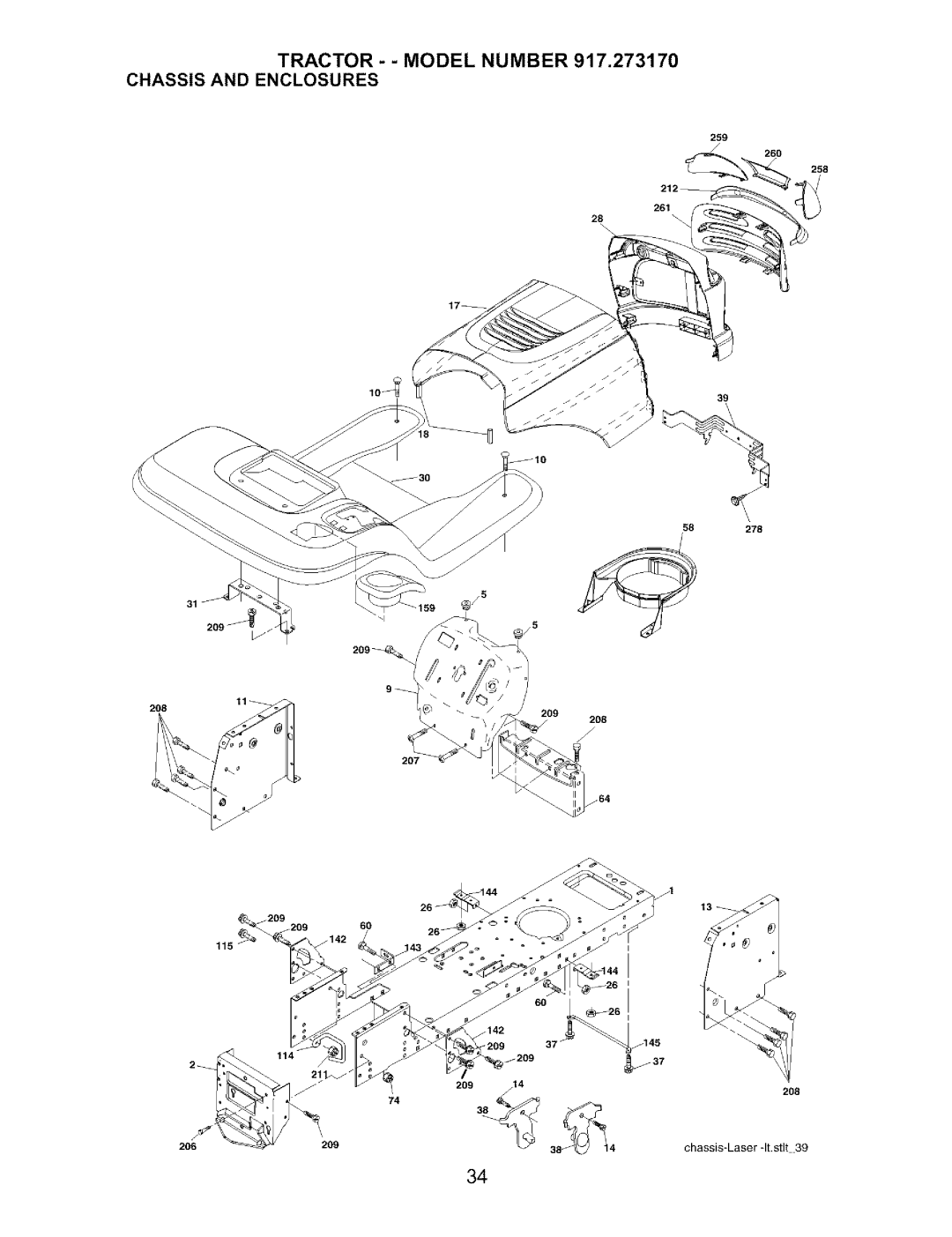 Craftsman owner manual Oo o, Tractor - Model Number 917.273170 Chassis and Enclosures 