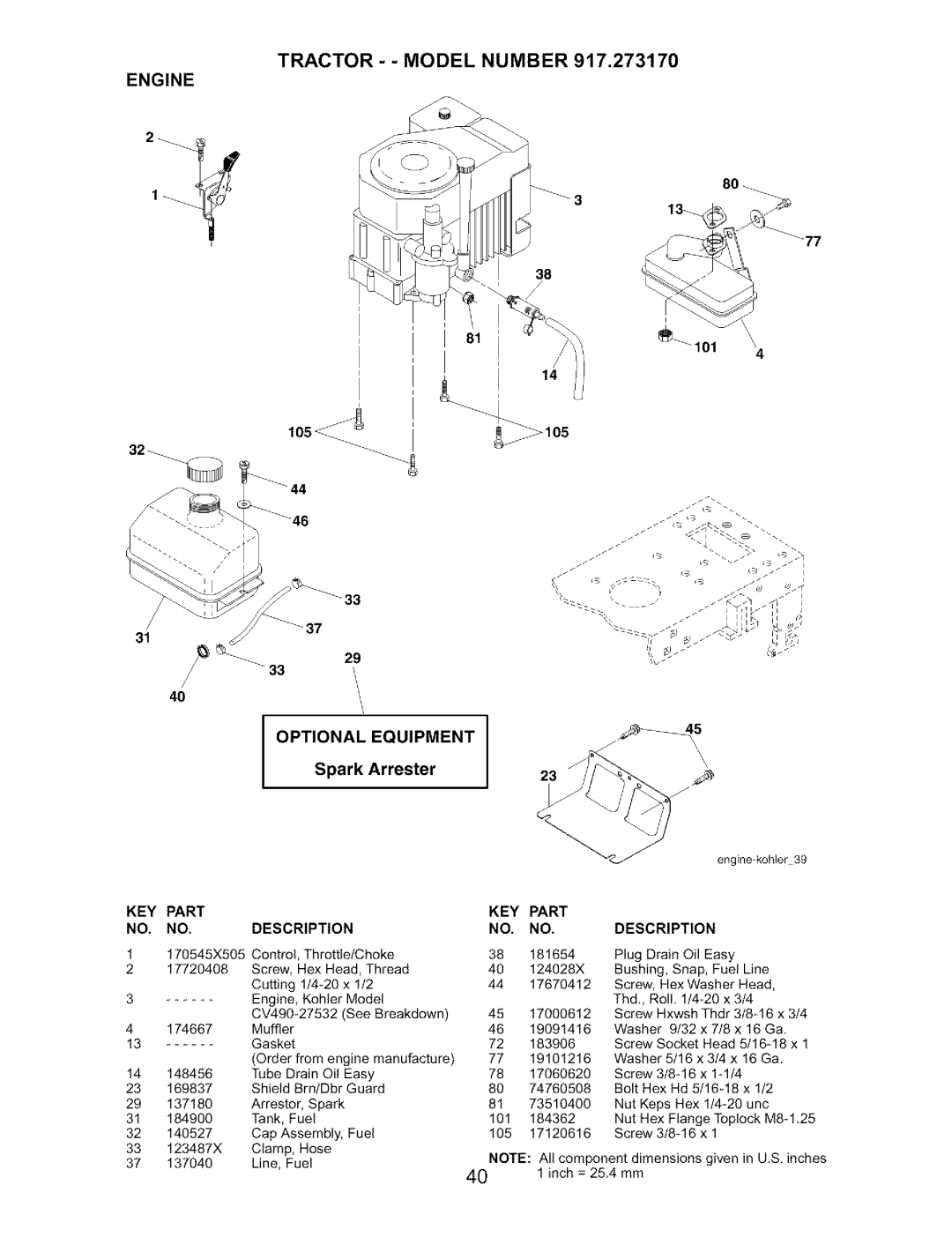 Craftsman 917.27317 owner manual Tractor - Model Number Engine, Optional Equipment 