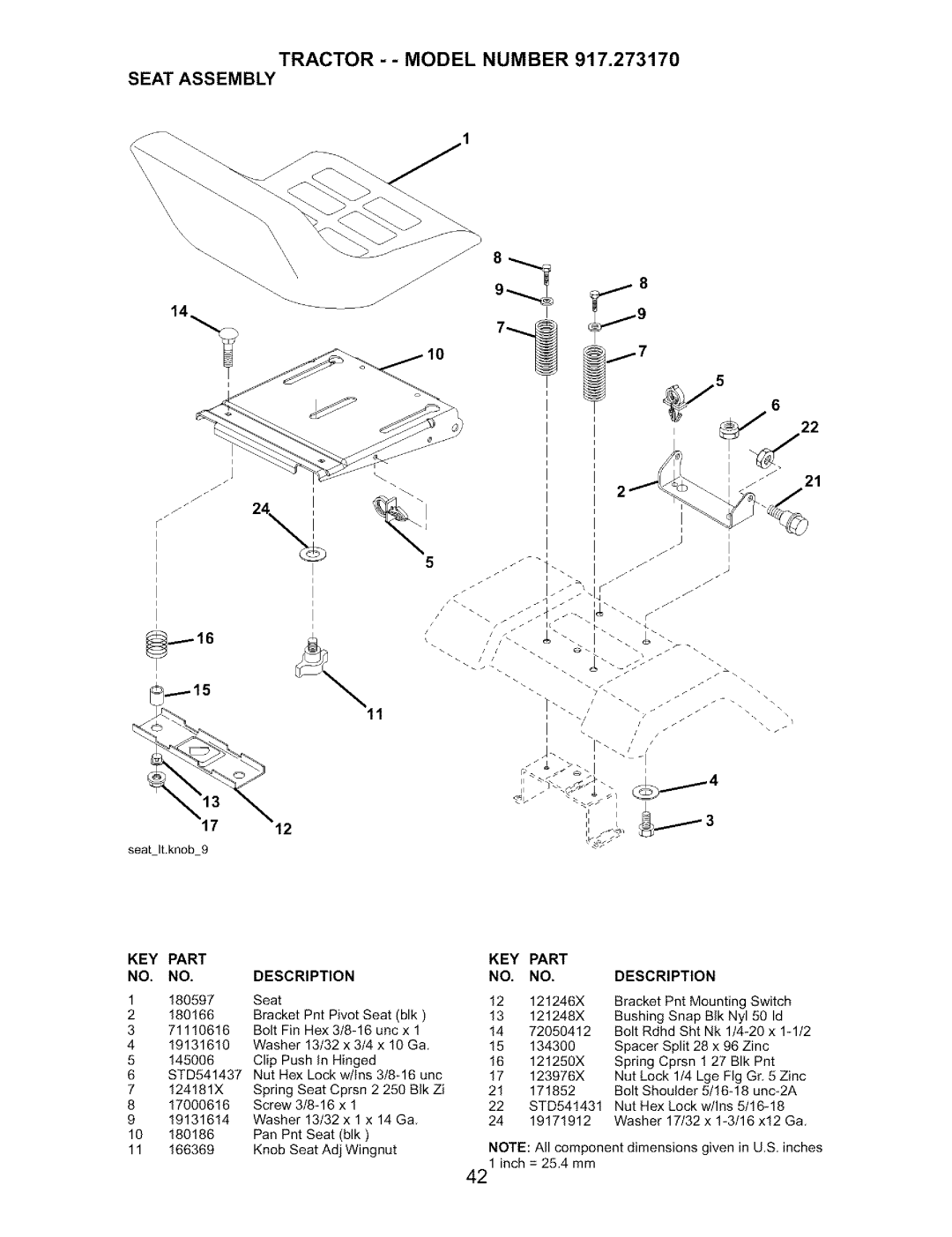 Craftsman 917.27317 owner manual Tractor - Model Number Seat Assembly, Description, KEY Part NO, NO,DESCRIPTION 