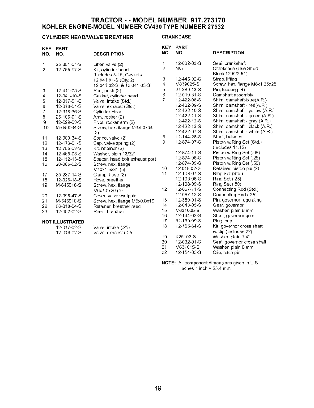 Craftsman 917.27317 owner manual Cylinder HEAD/VALVE/BREATHER, Crankcase, Not Illustrated 