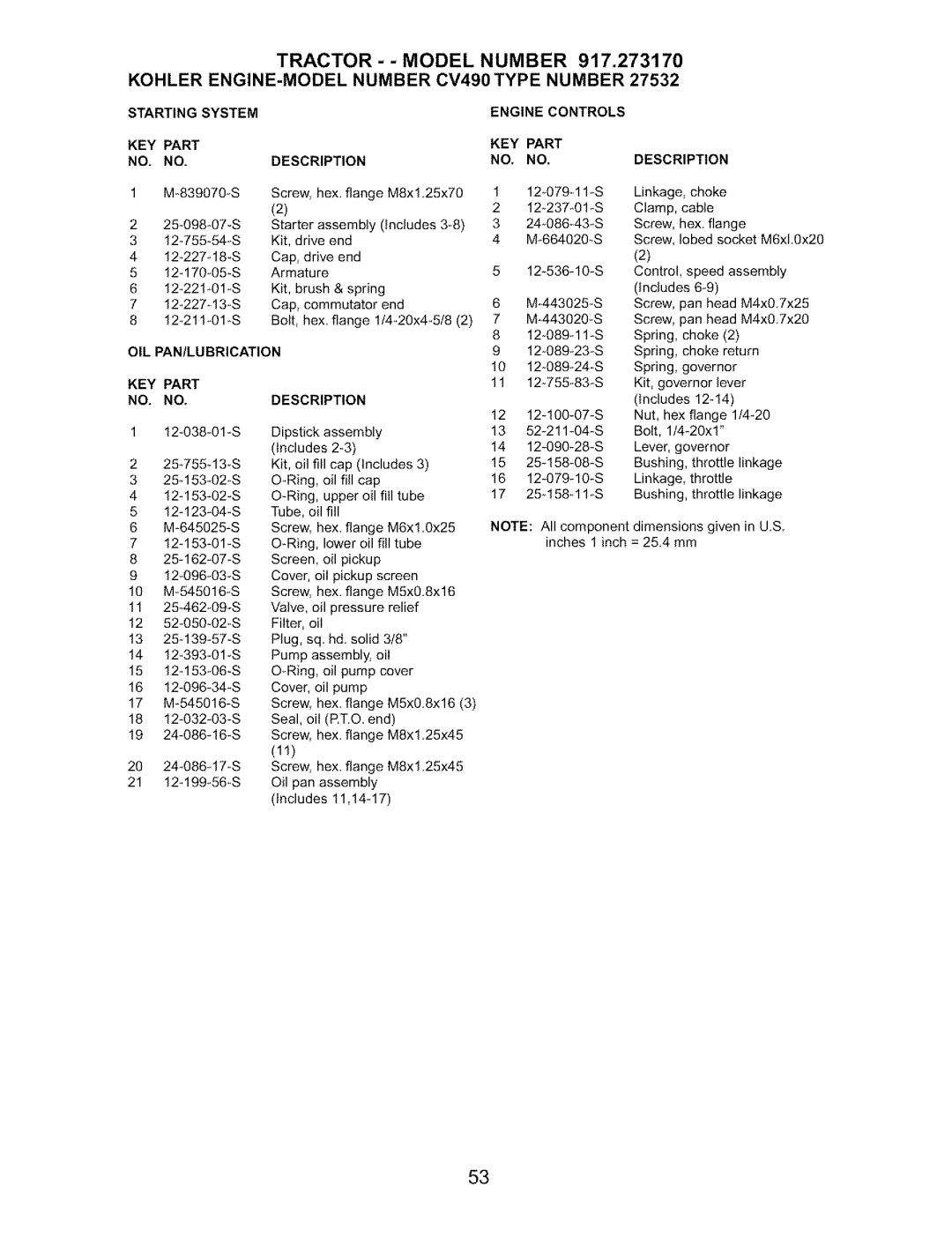 Craftsman 917.27317 owner manual Starting System KEY Part Description, Engine Controls KEY Part Description 