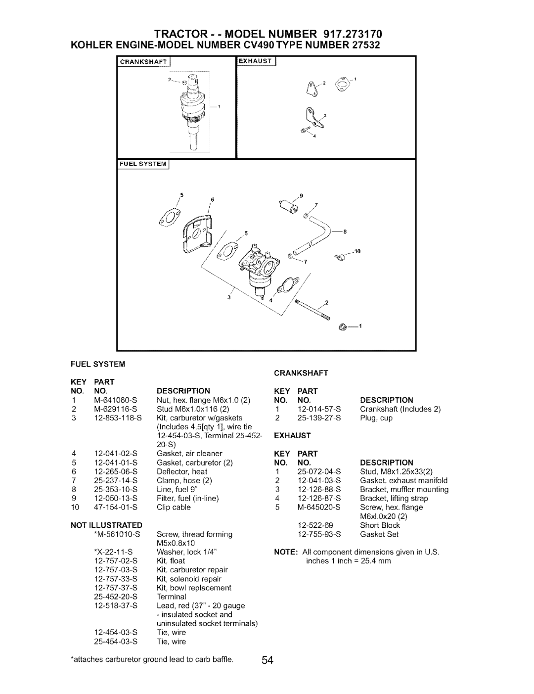 Craftsman 917.27317 owner manual Fuel System, NO. no, Notillustrated, Crankshaft Description KEY Part 